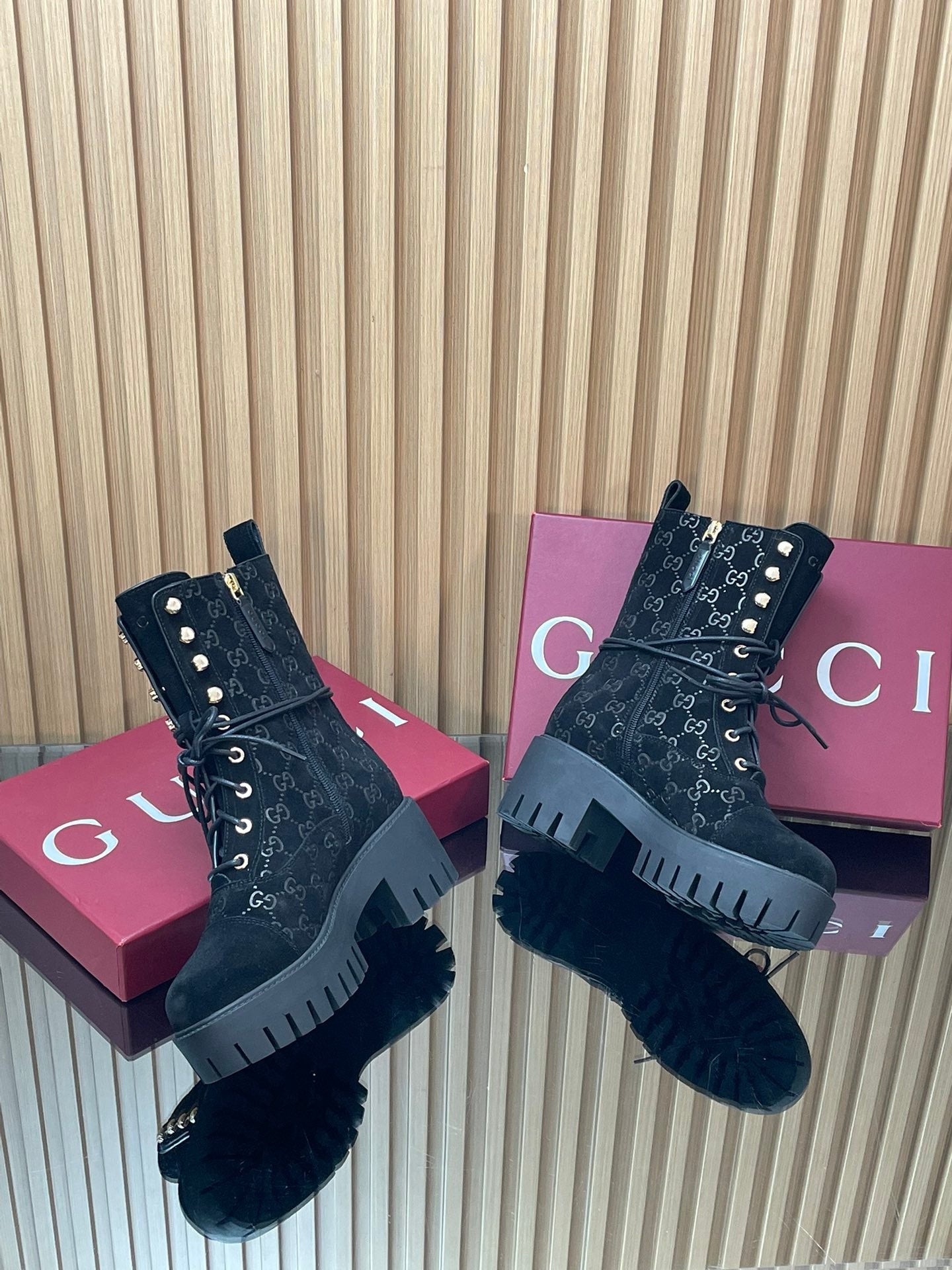 GG 26s Combat Boots Black GG-Embossed Suede 997186