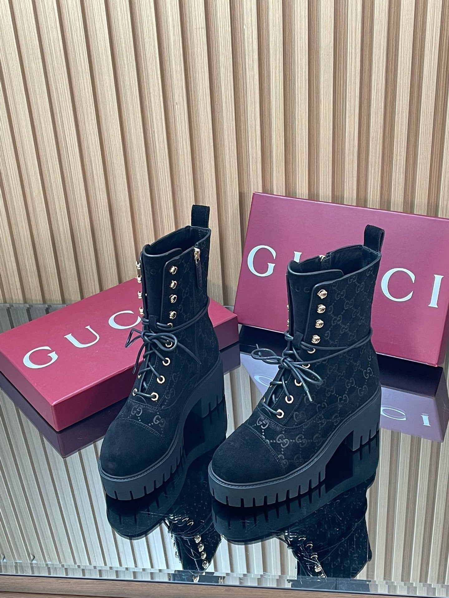GG 26s Combat Boots Black GG-Embossed Suede 997186