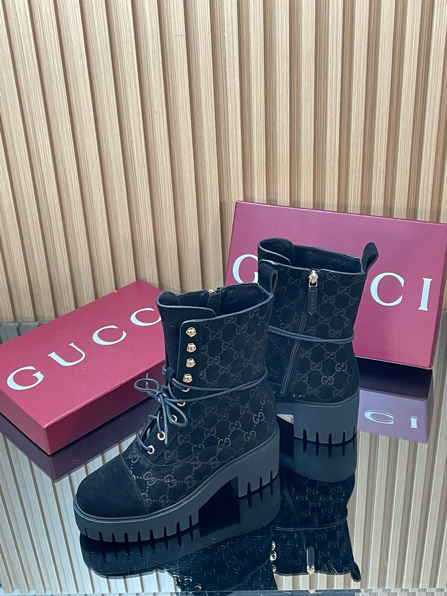 GG 26s Combat Boots Black GG-Embossed Suede 997186