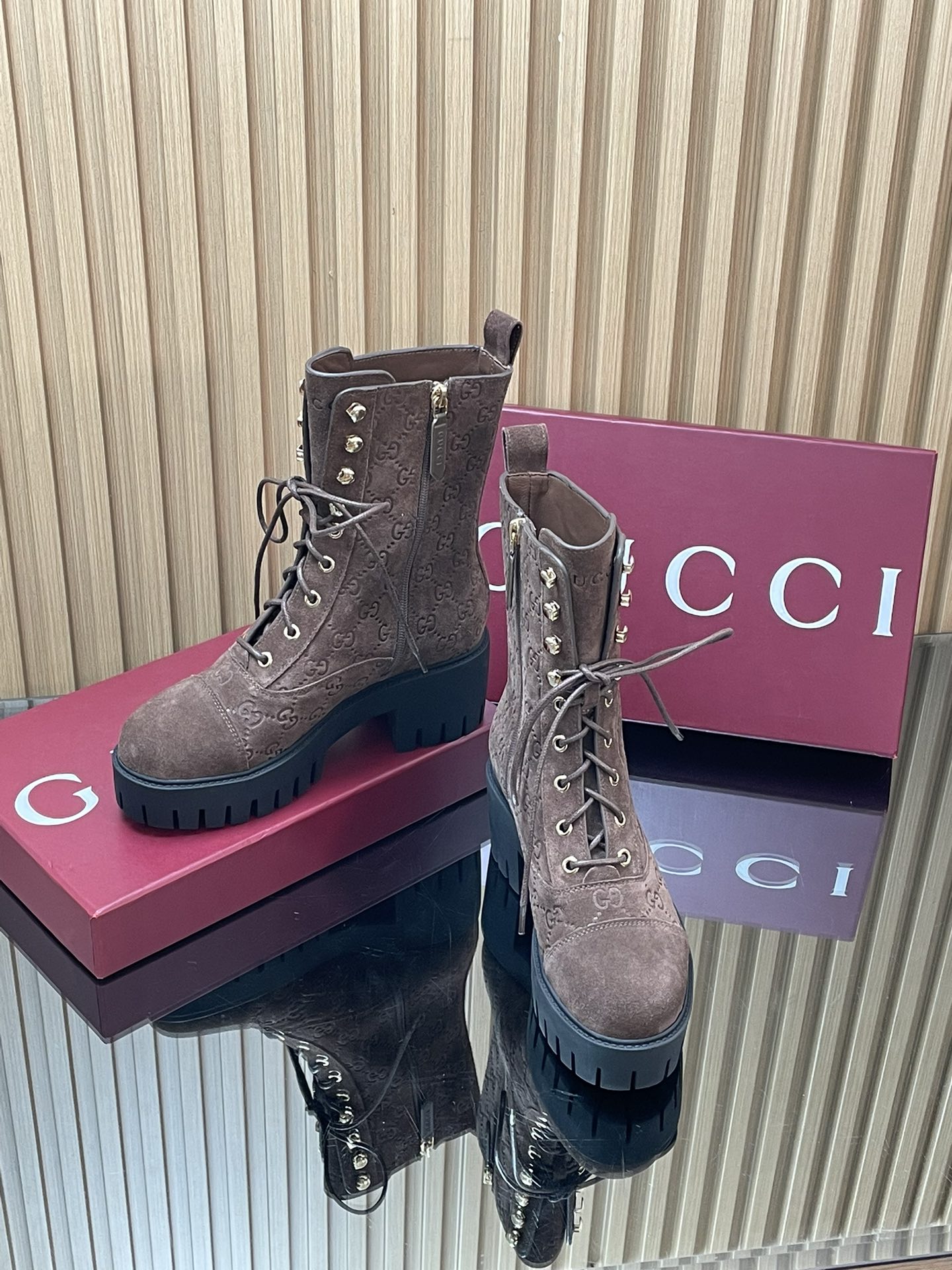 GG 26s Combat Boots Coffee GG-Embossed Suede 997187