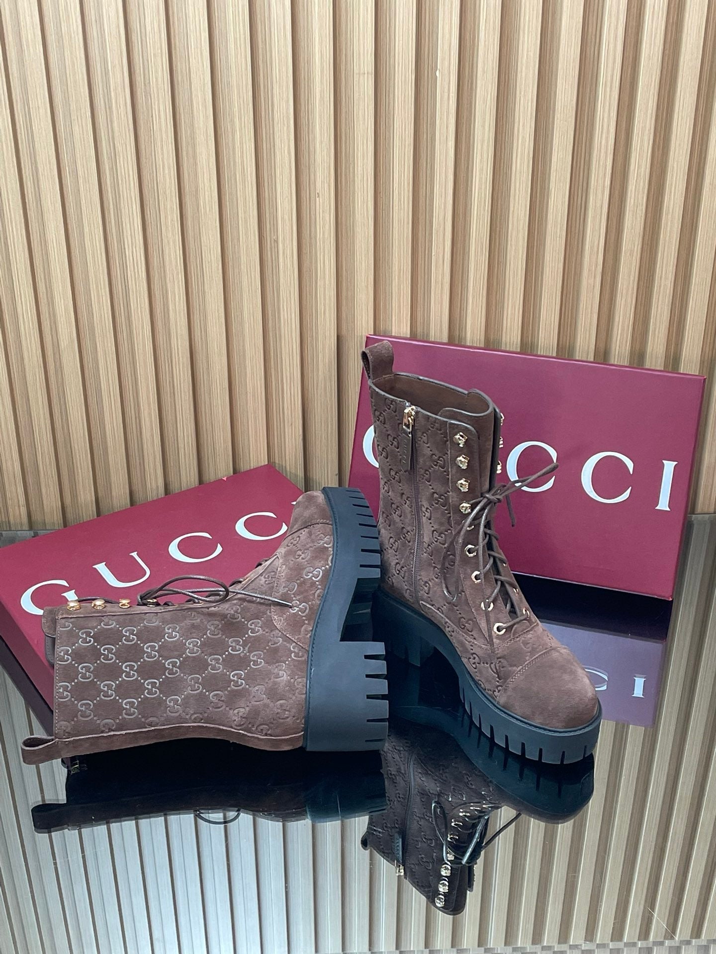 GG 26s Combat Boots Coffee GG-Embossed Suede 997187