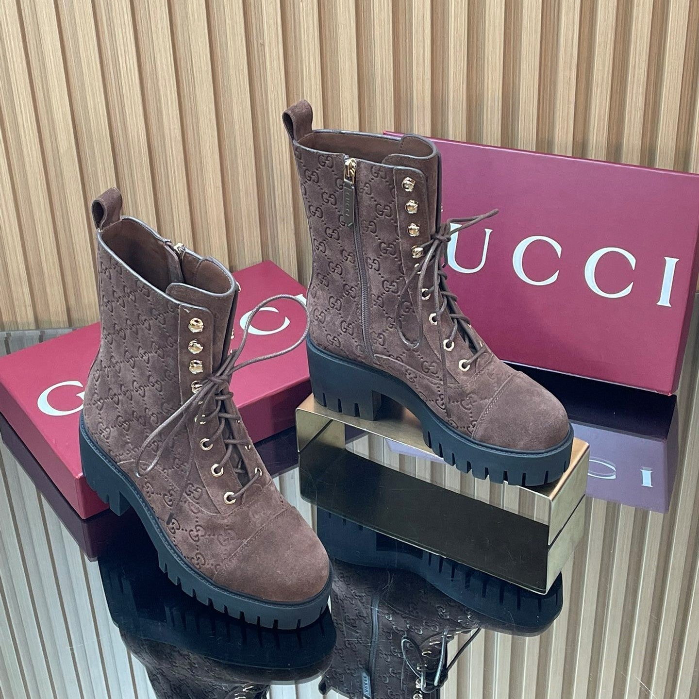 GG 26s Combat Boots Coffee GG-Embossed Suede 997187