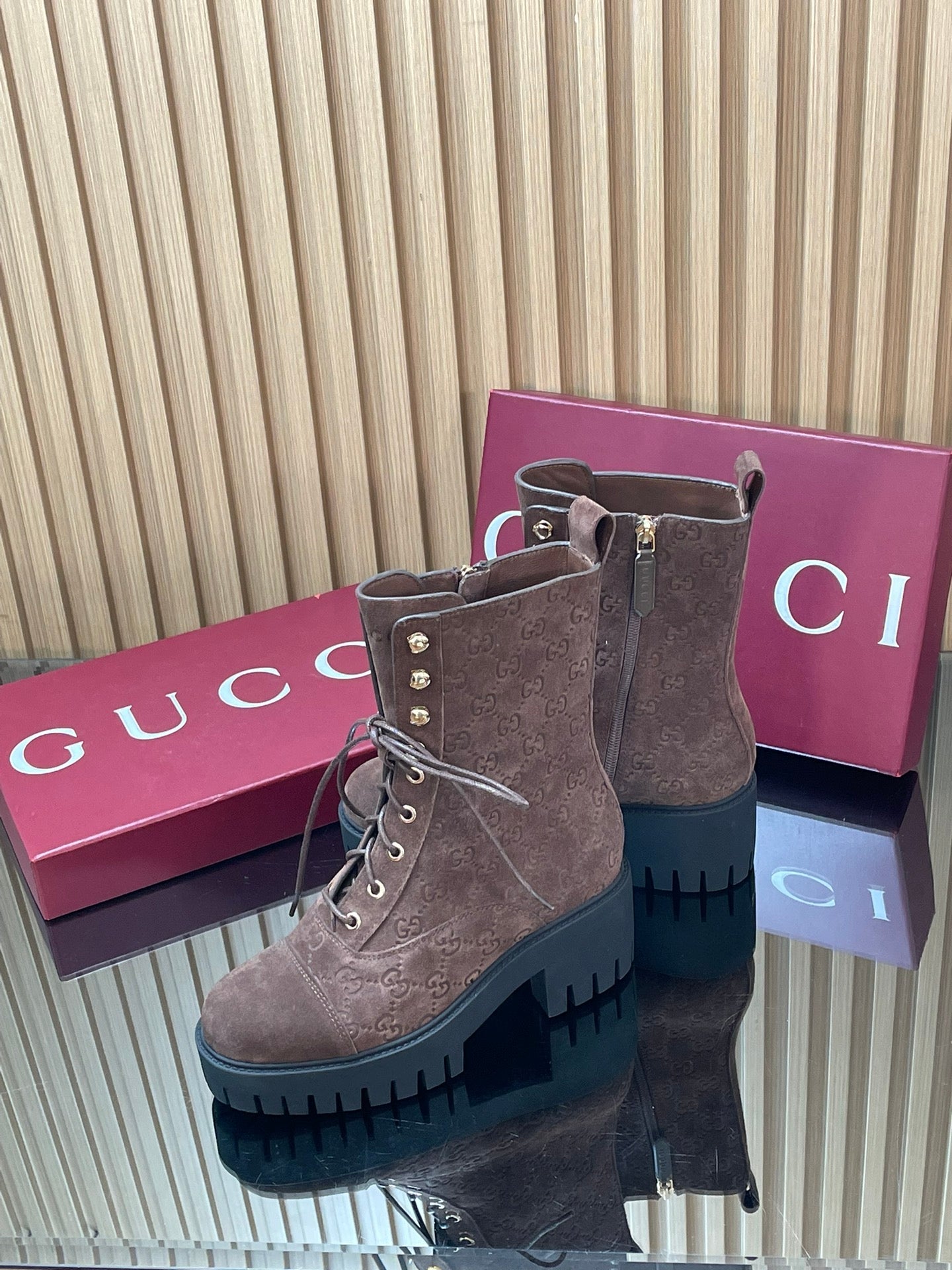 GG 26s Combat Boots Coffee GG-Embossed Suede 997187