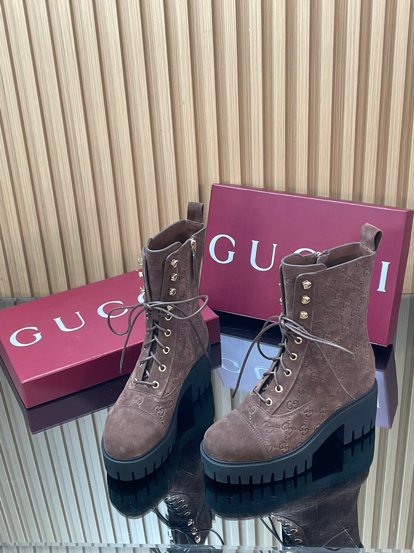 GG 26s Combat Boots Coffee GG-Embossed Suede 997187