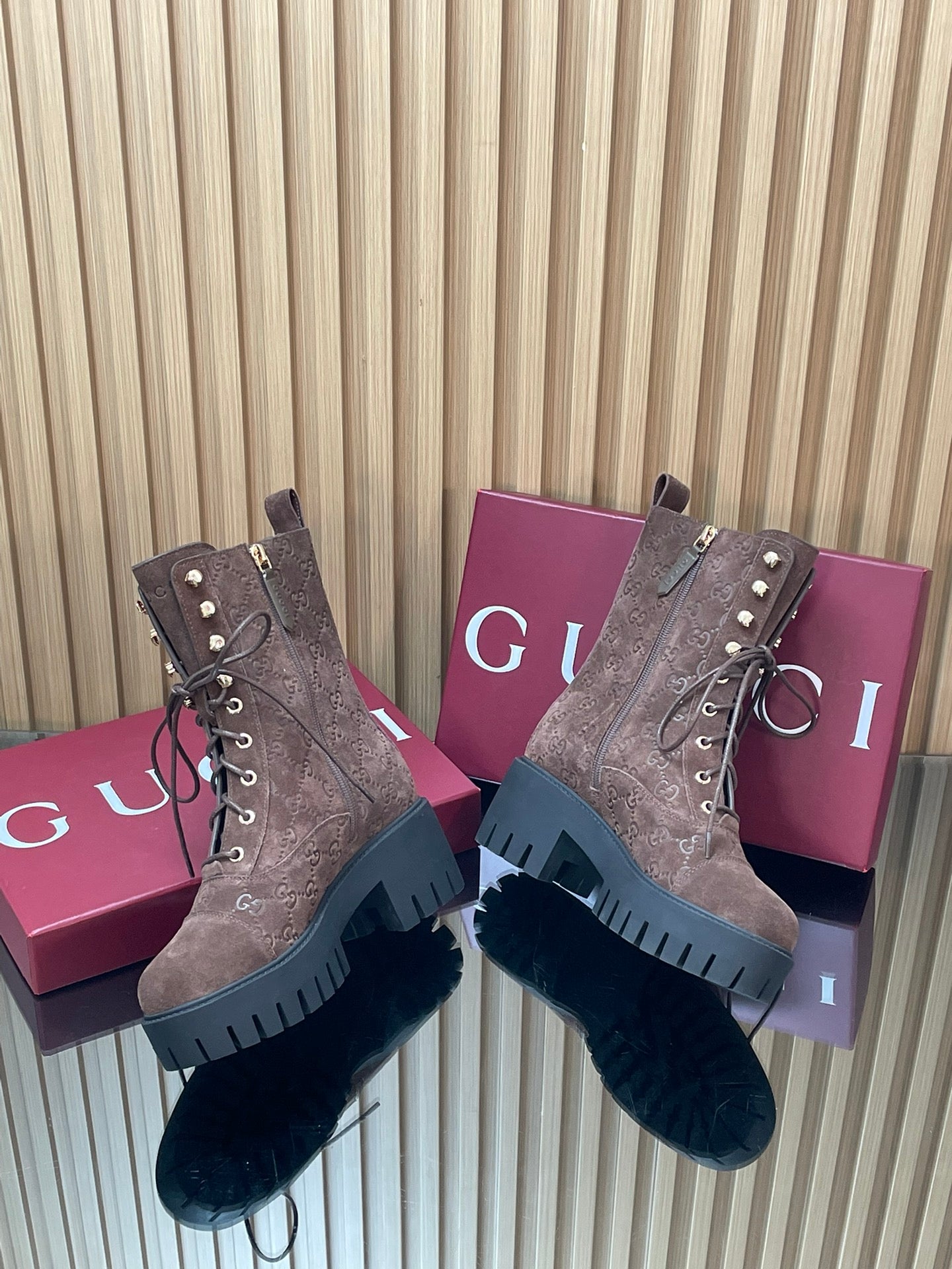 GG 26s Combat Boots Coffee GG-Embossed Suede 997187