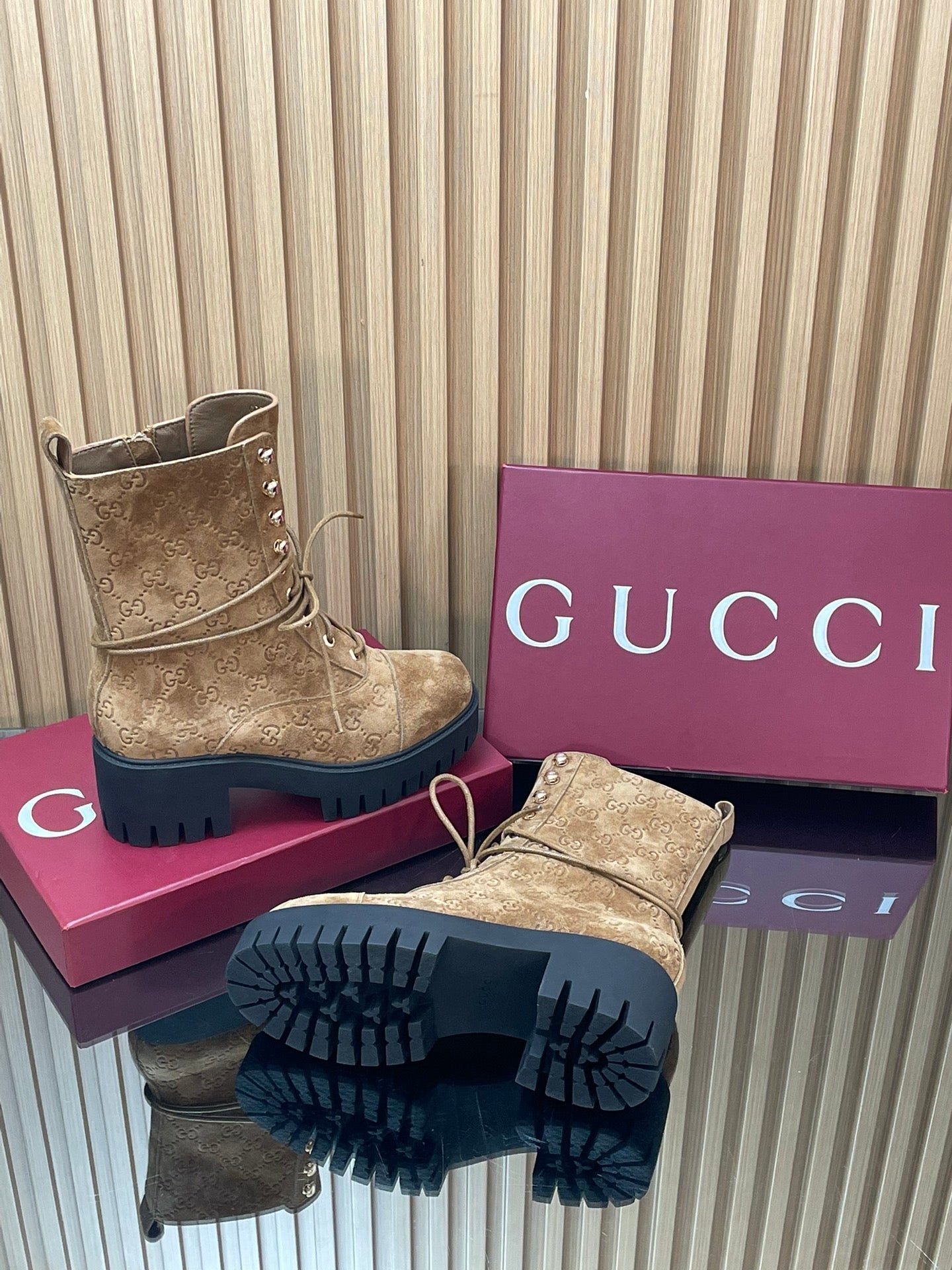 GG 26s Combat Boots Brown GG-Embossed Suede 997188