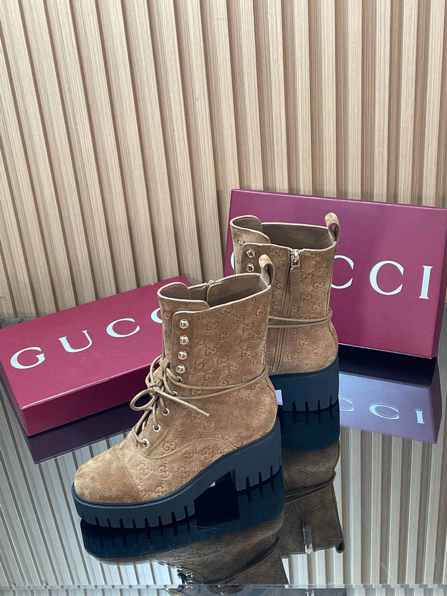 GG 26s Combat Boots Brown GG-Embossed Suede 997188