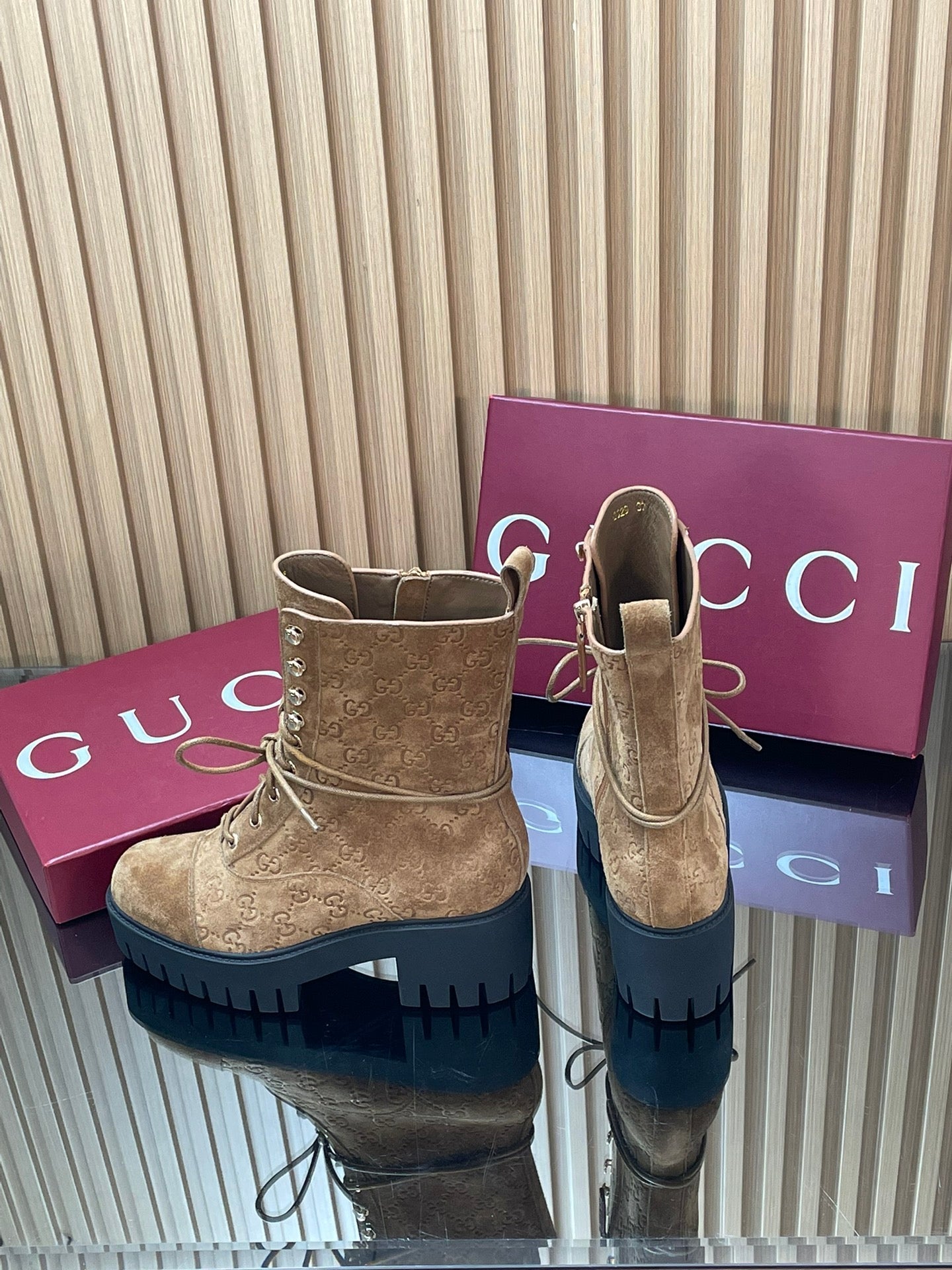 GG 26s Combat Boots Brown GG-Embossed Suede 997188