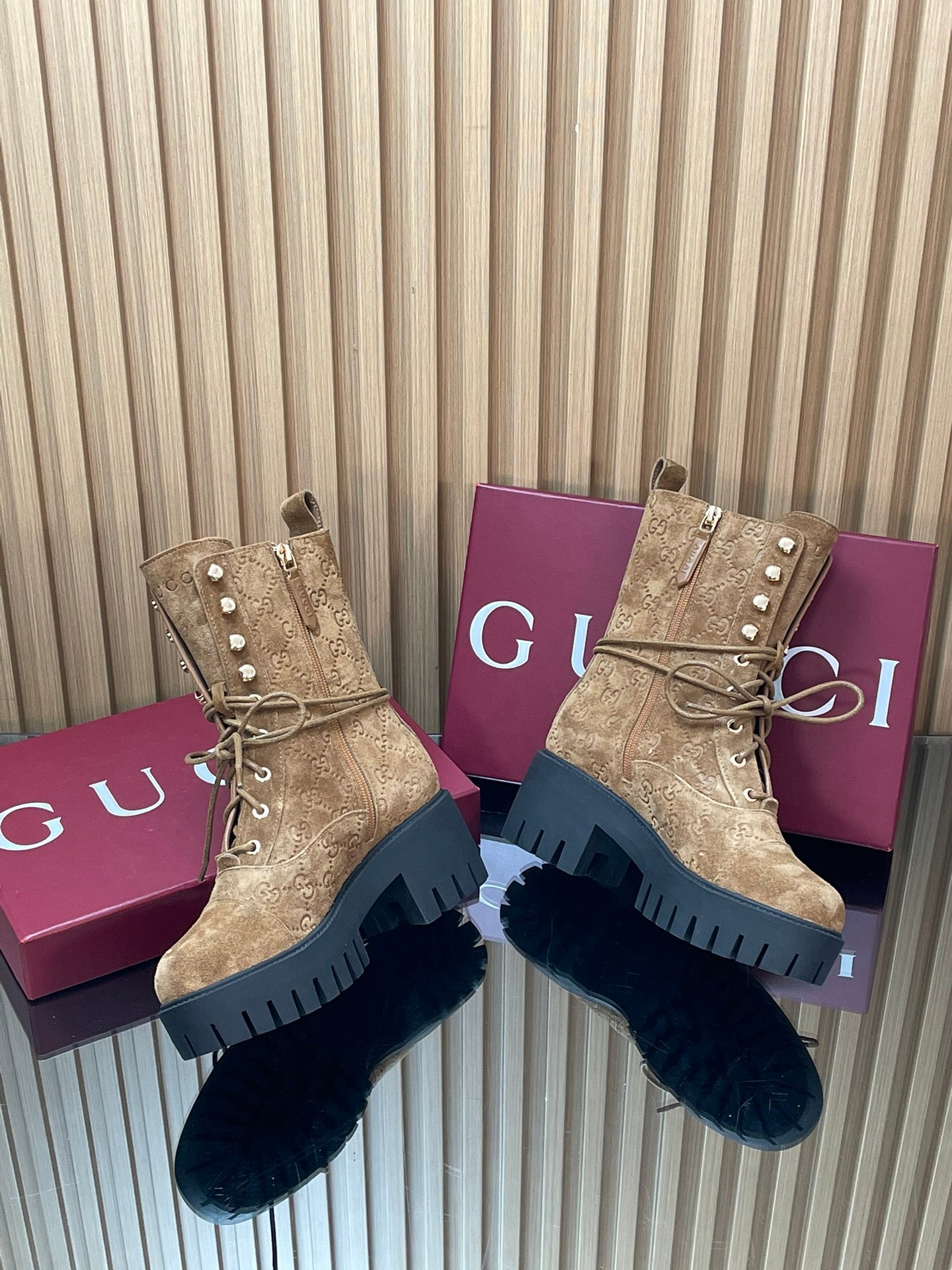 GG 26s Combat Boots Brown GG-Embossed Suede 997188