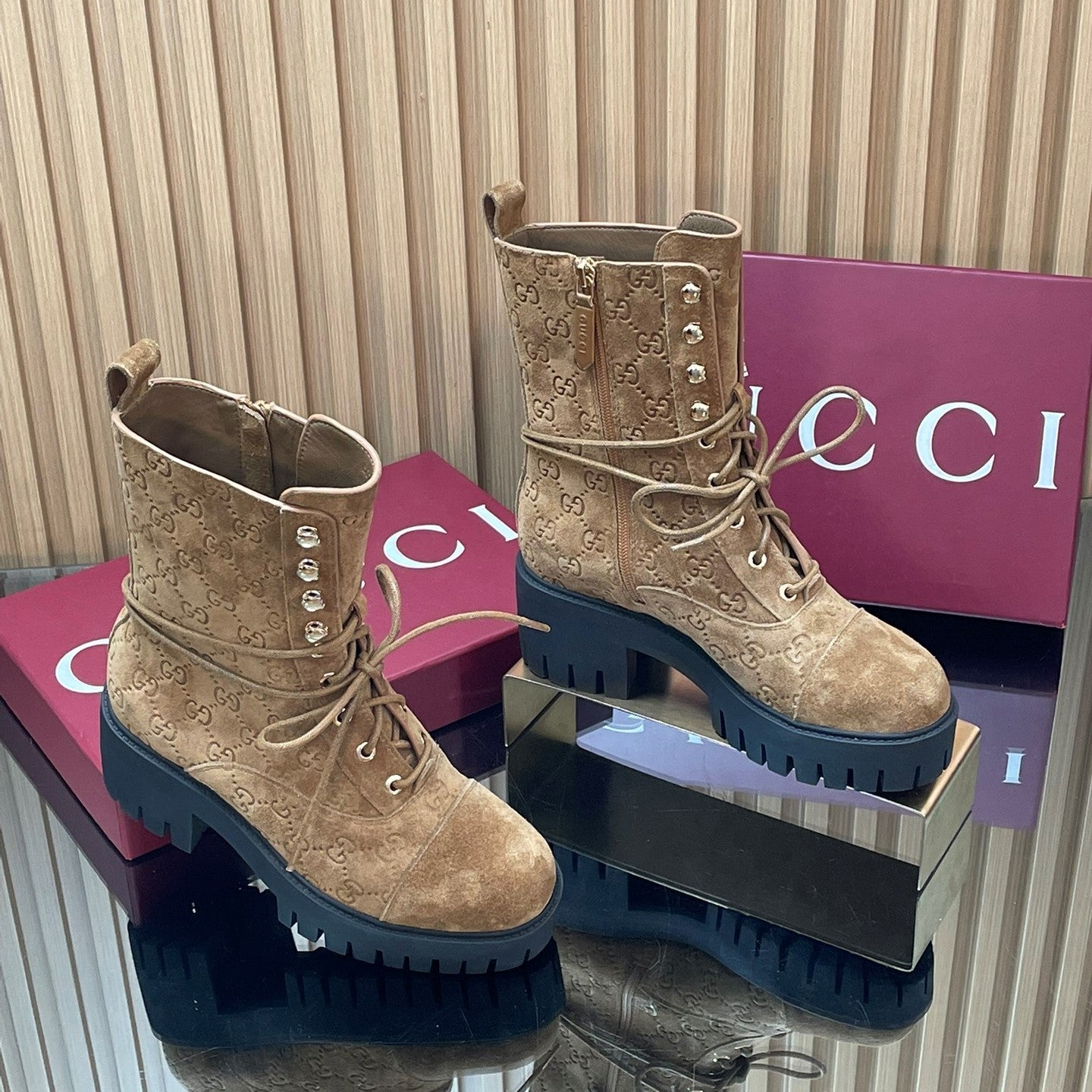 GG 26s Combat Boots Brown GG-Embossed Suede 997188