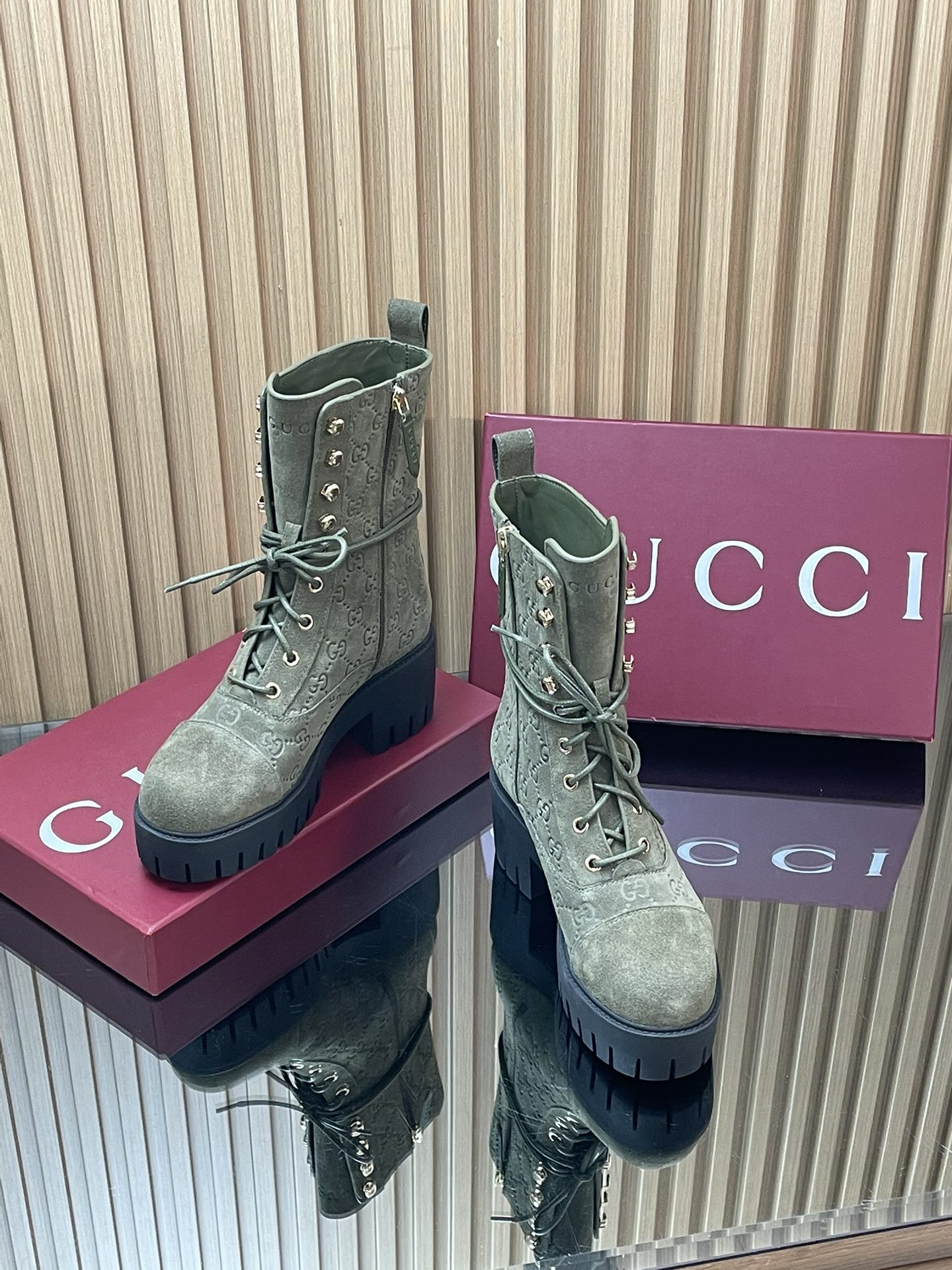 GG 26s Combat Boots Brown GG-Embossed Suede 997188