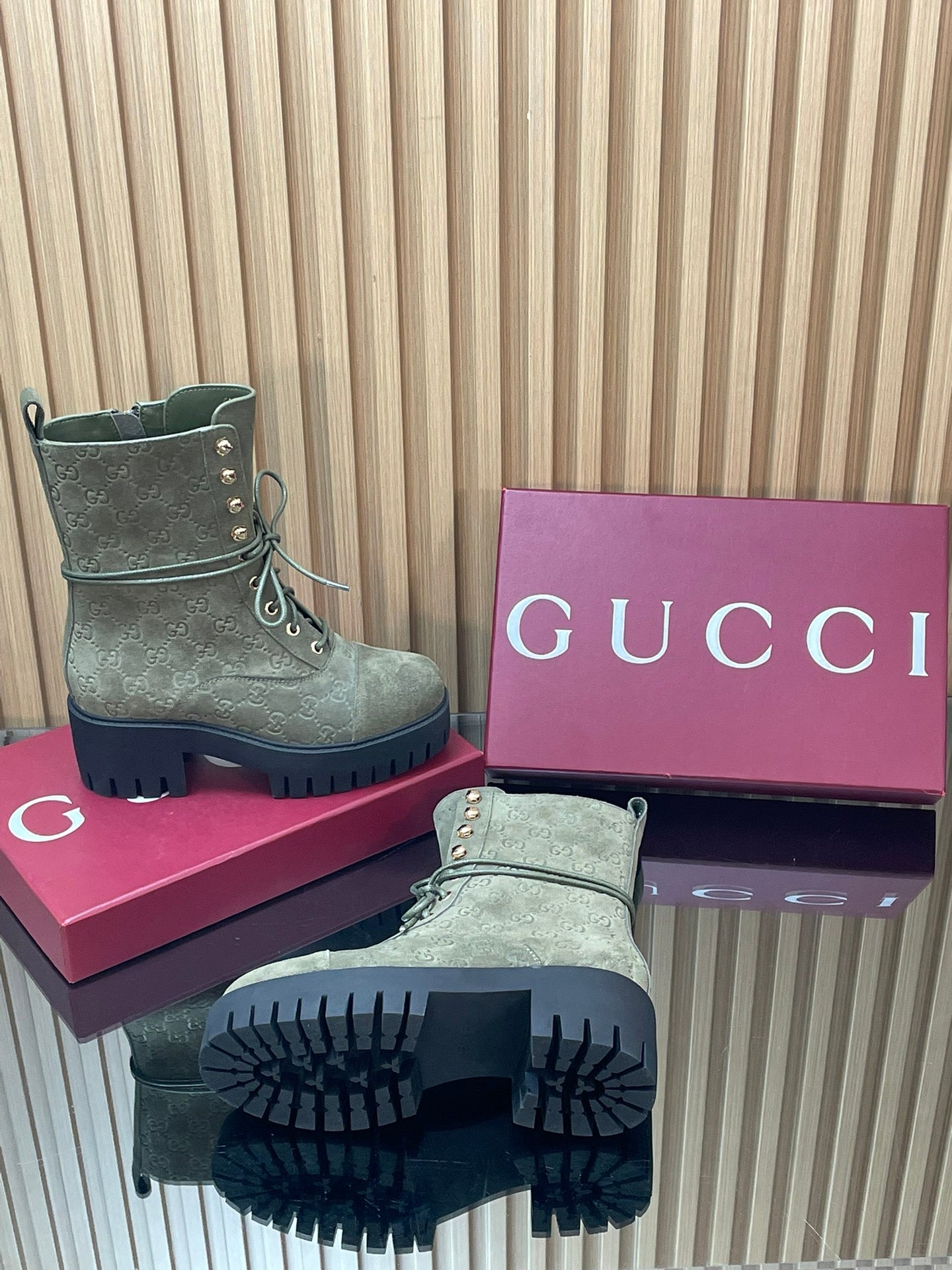 GG 26s Combat Boots Olive GG-Embossed Suede 997189
