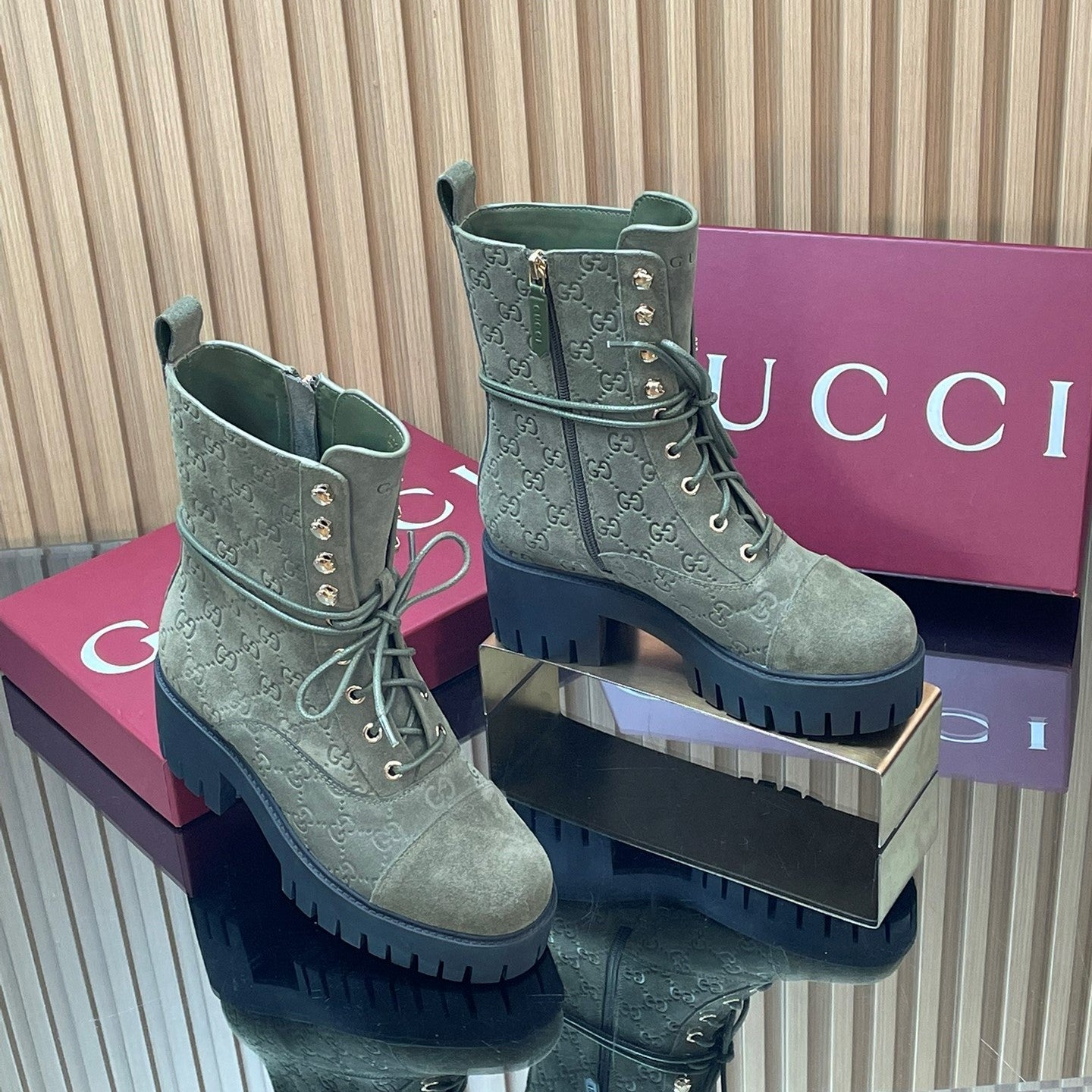 GG 26s Combat Boots Brown GG-Embossed Suede 997188