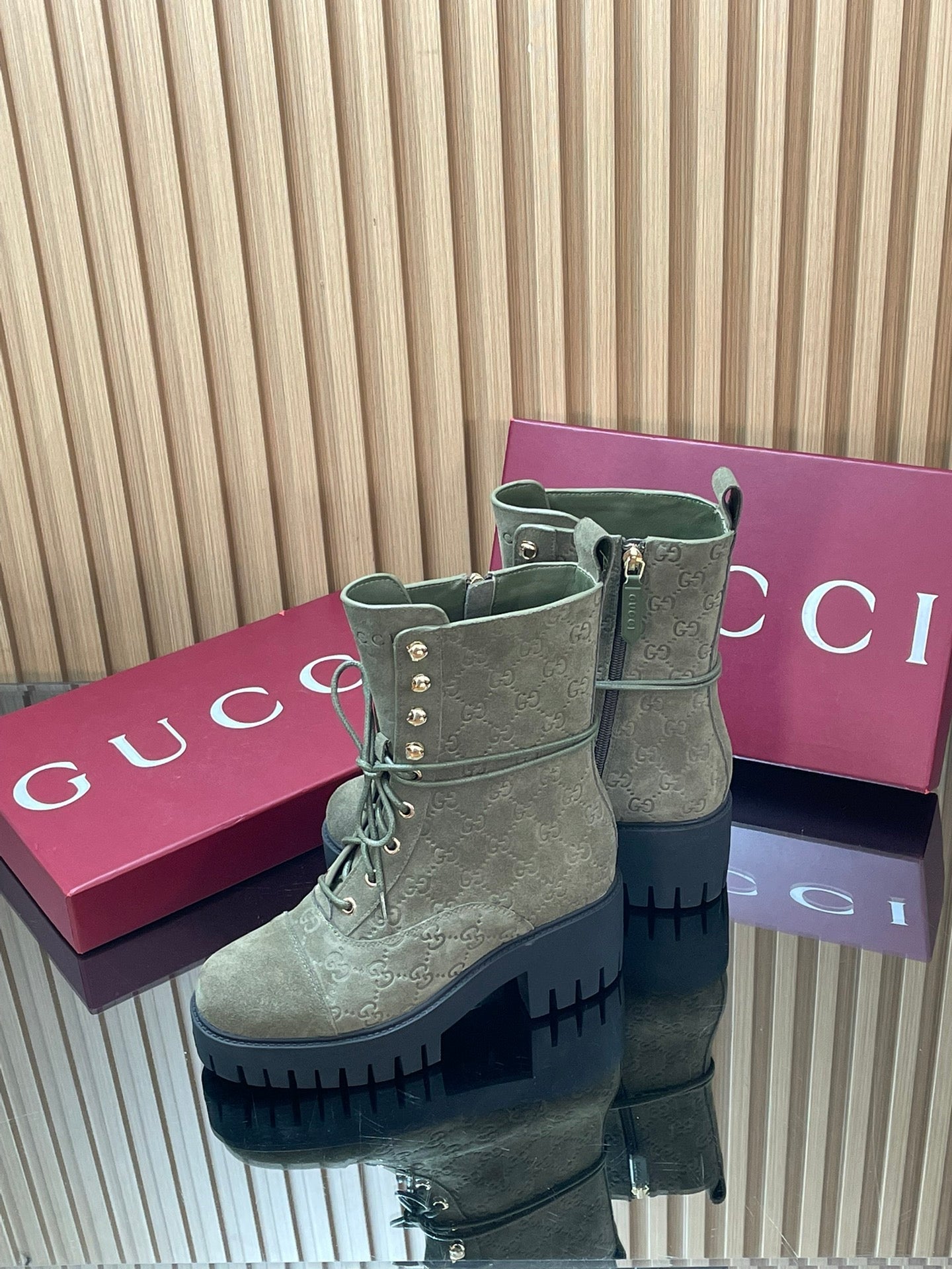 GG 26s Combat Boots Olive GG-Embossed Suede 997189