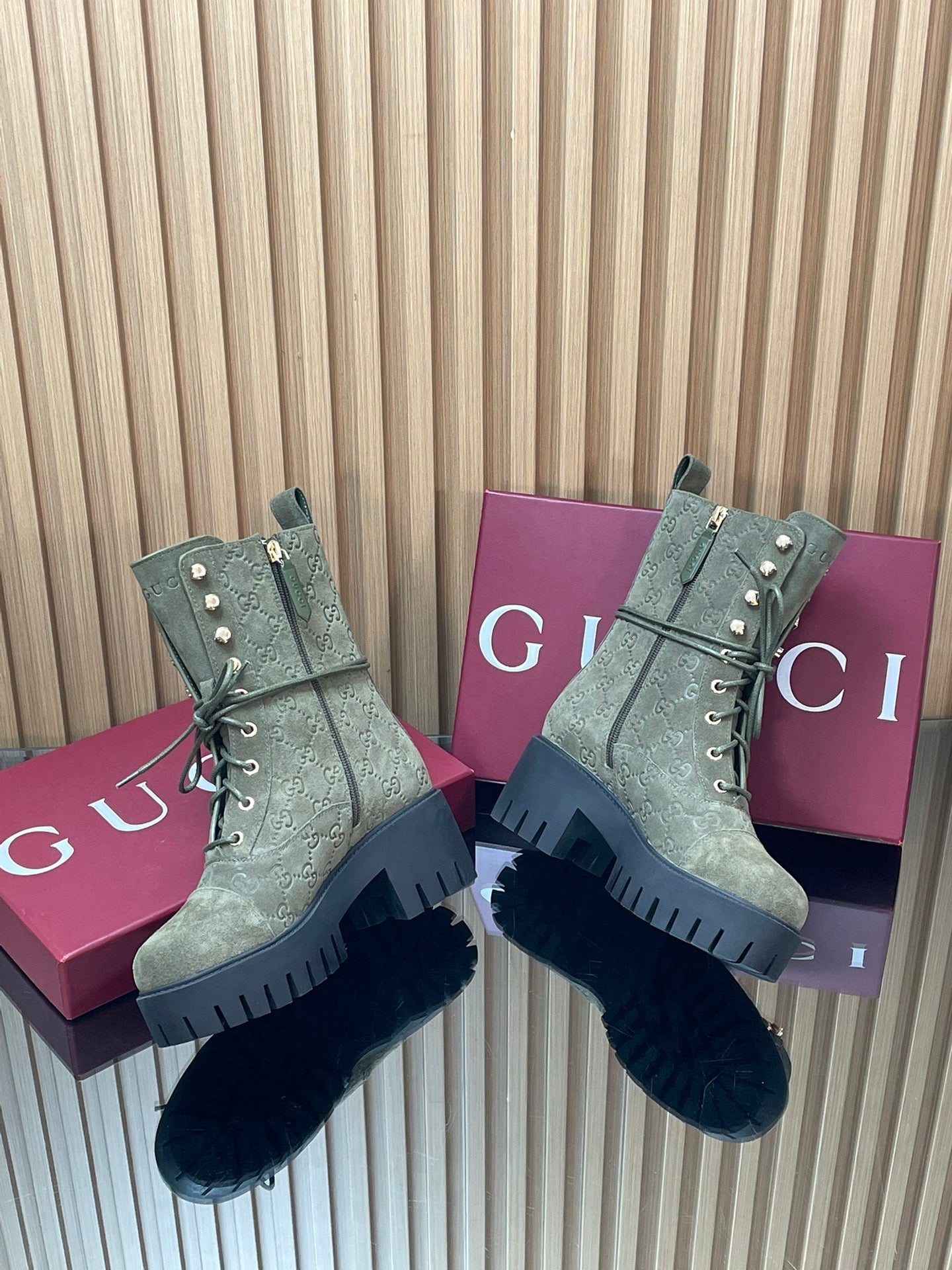 GG 26s Combat Boots Brown GG-Embossed Suede 997188
