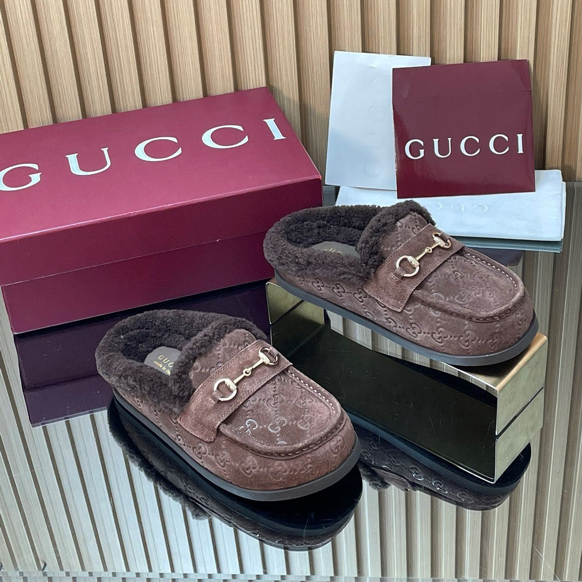 Gucci 26s Celia Mules Dark Brown GG Suede Shearling 156832