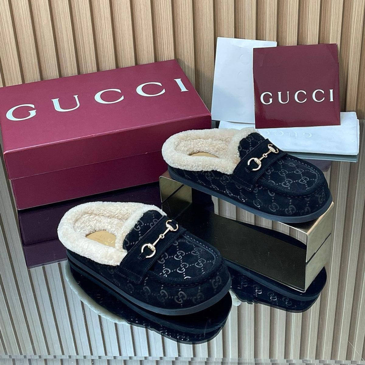 Gucci 26s Celia Mules Black GG Suede Shearling 156833