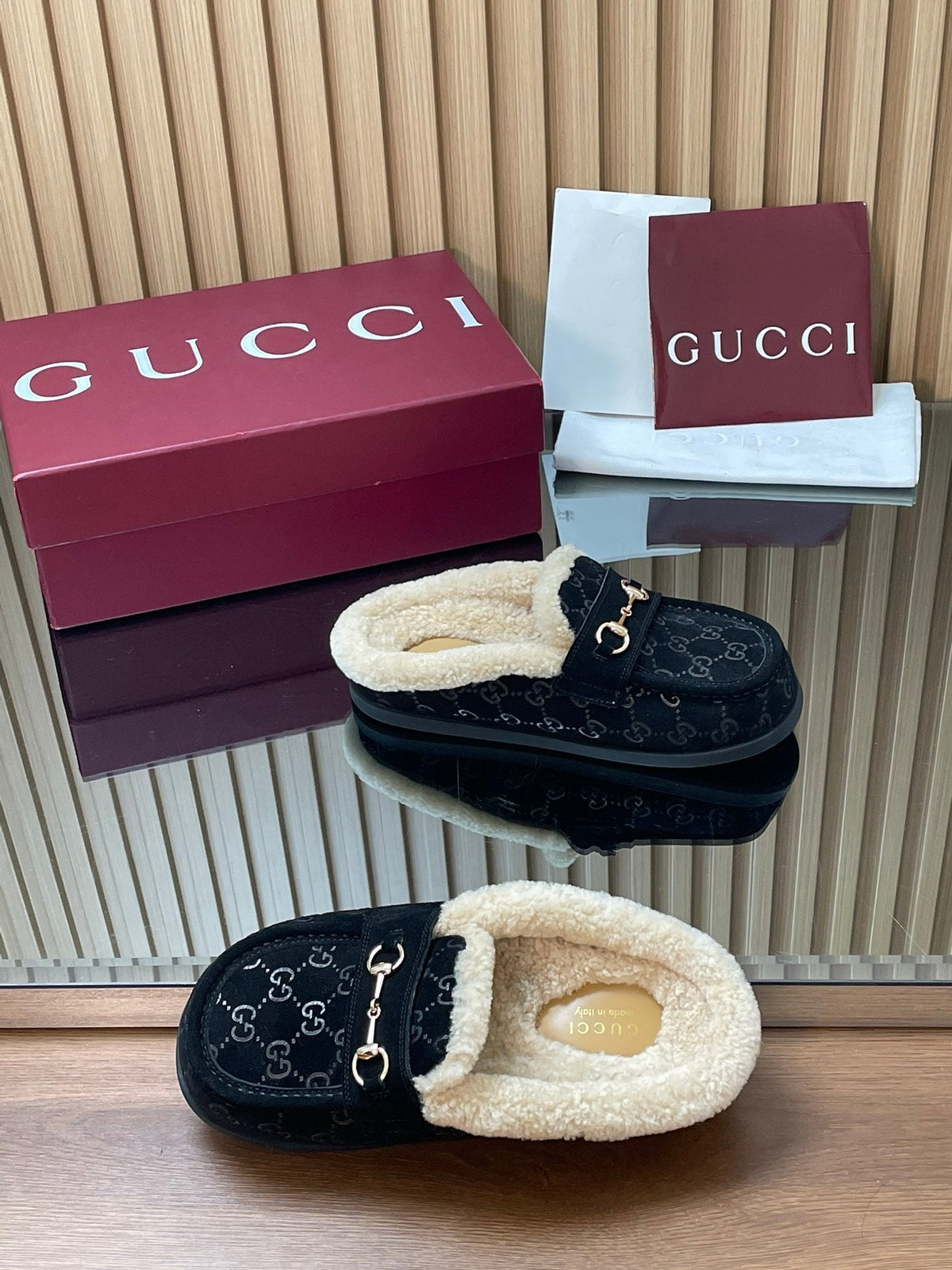 Gucci 26s Celia Mules Black GG Suede Shearling 156833