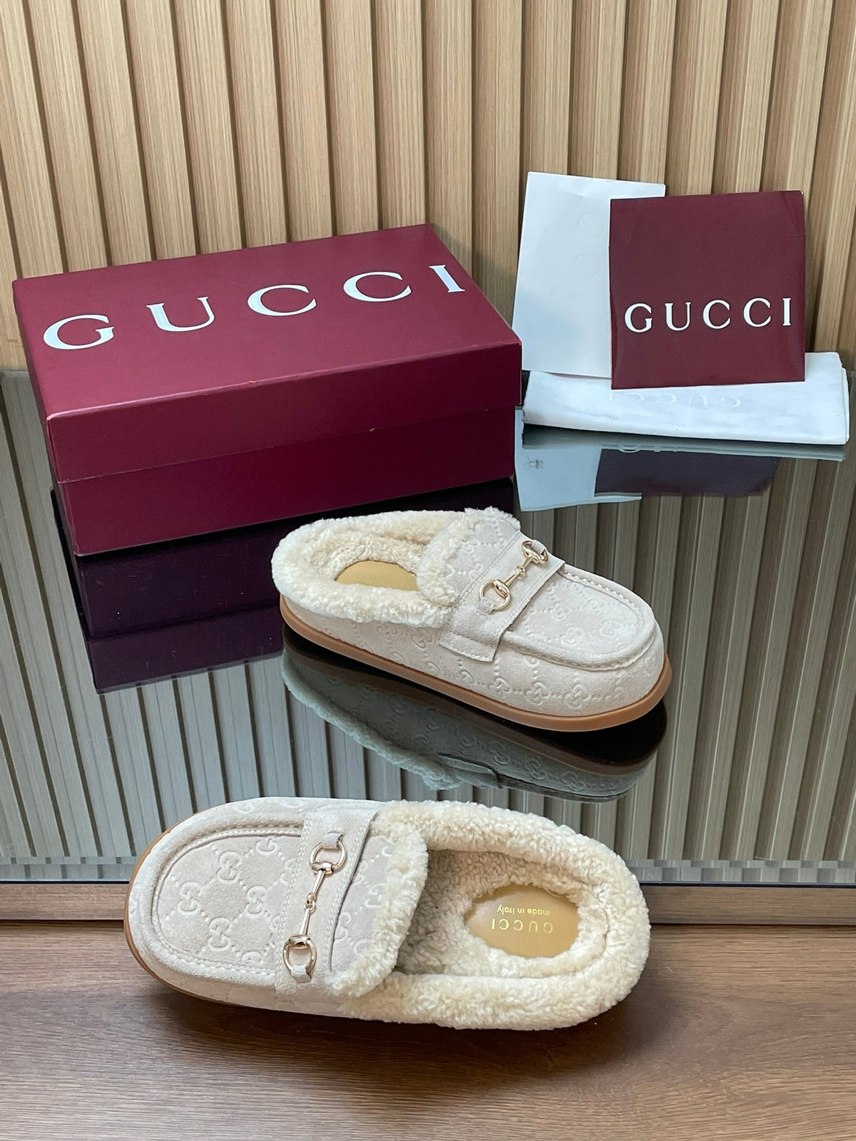 Gucci 26s Celia Mules Off-White GG Suede Shearling 156834