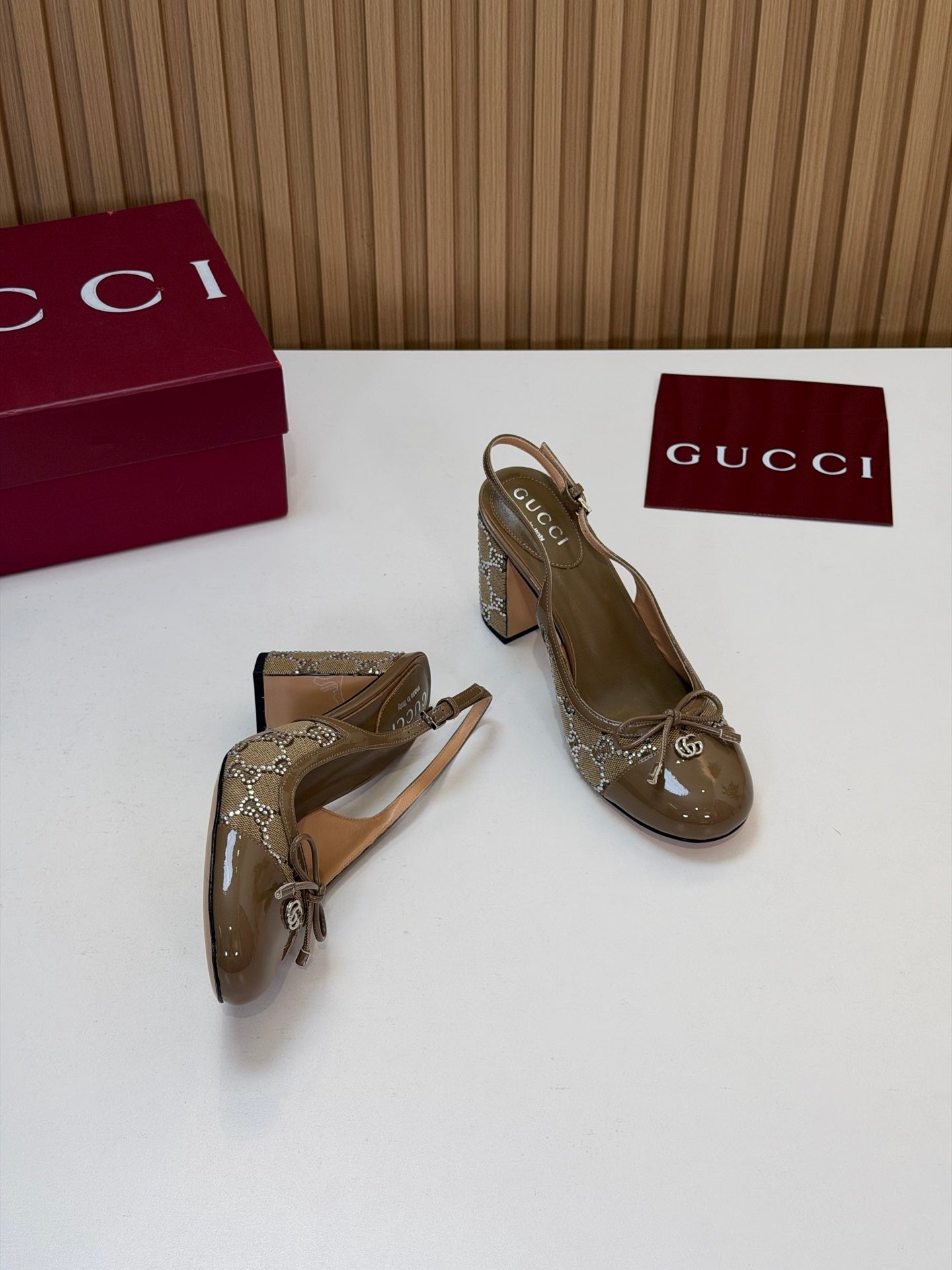 GG 26s Embellished Slingback Pumps Light Brown Denim 997170