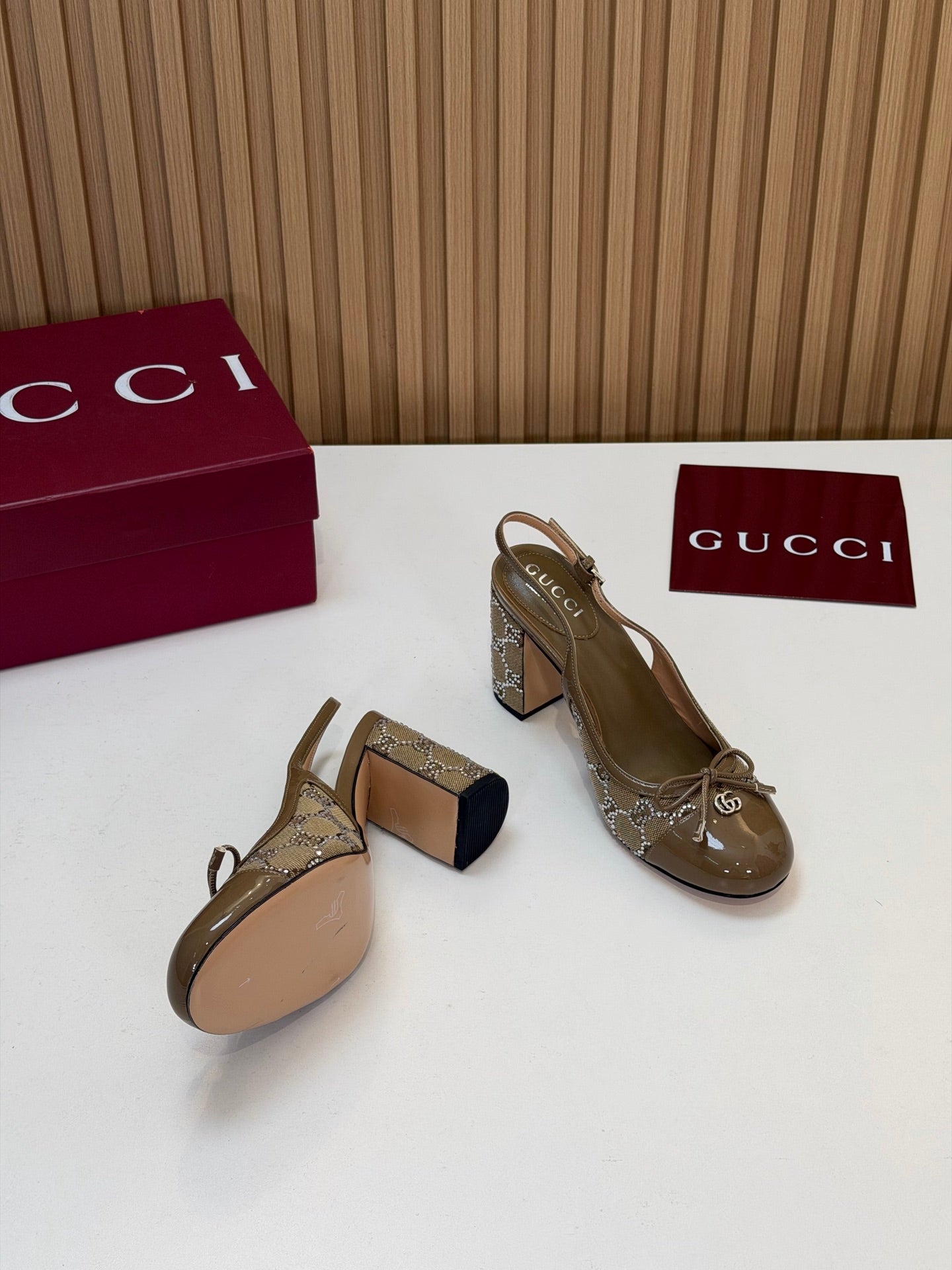 GG 26s Embellished Slingback Pumps Light Brown Denim 997170