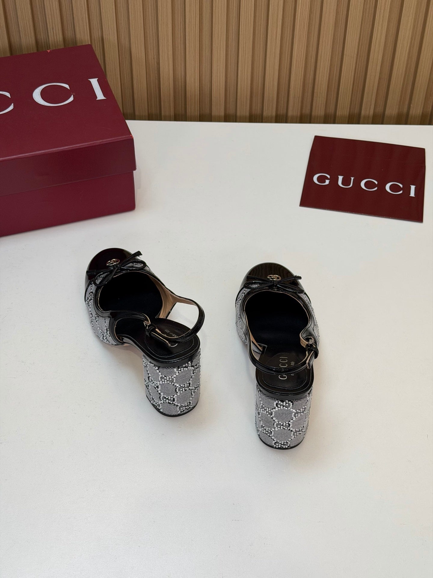GG 26s Embellished Slingback Pumps Black Patent Leather Mesh 997167