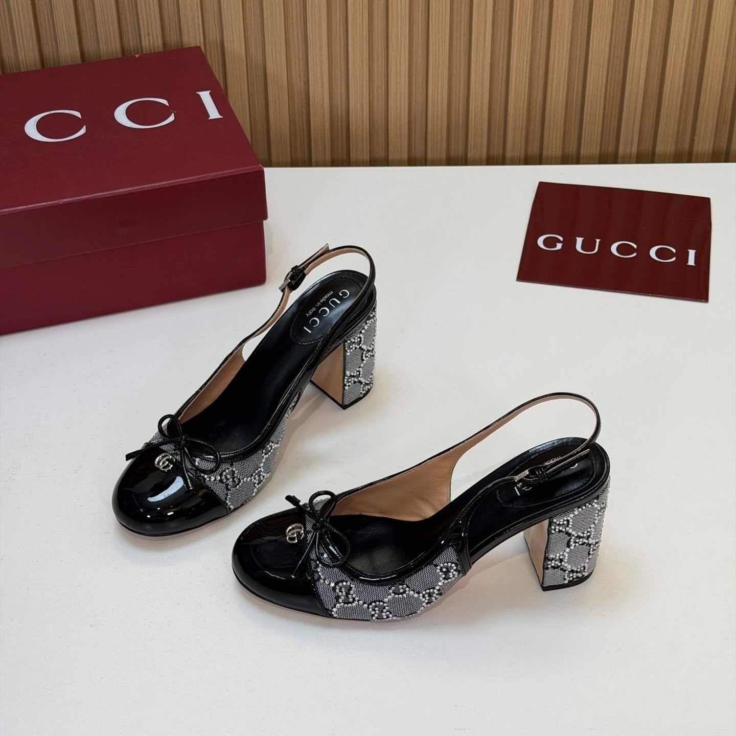 GG 26s Embellished Slingback Pumps Black Patent Leather Mesh 997167