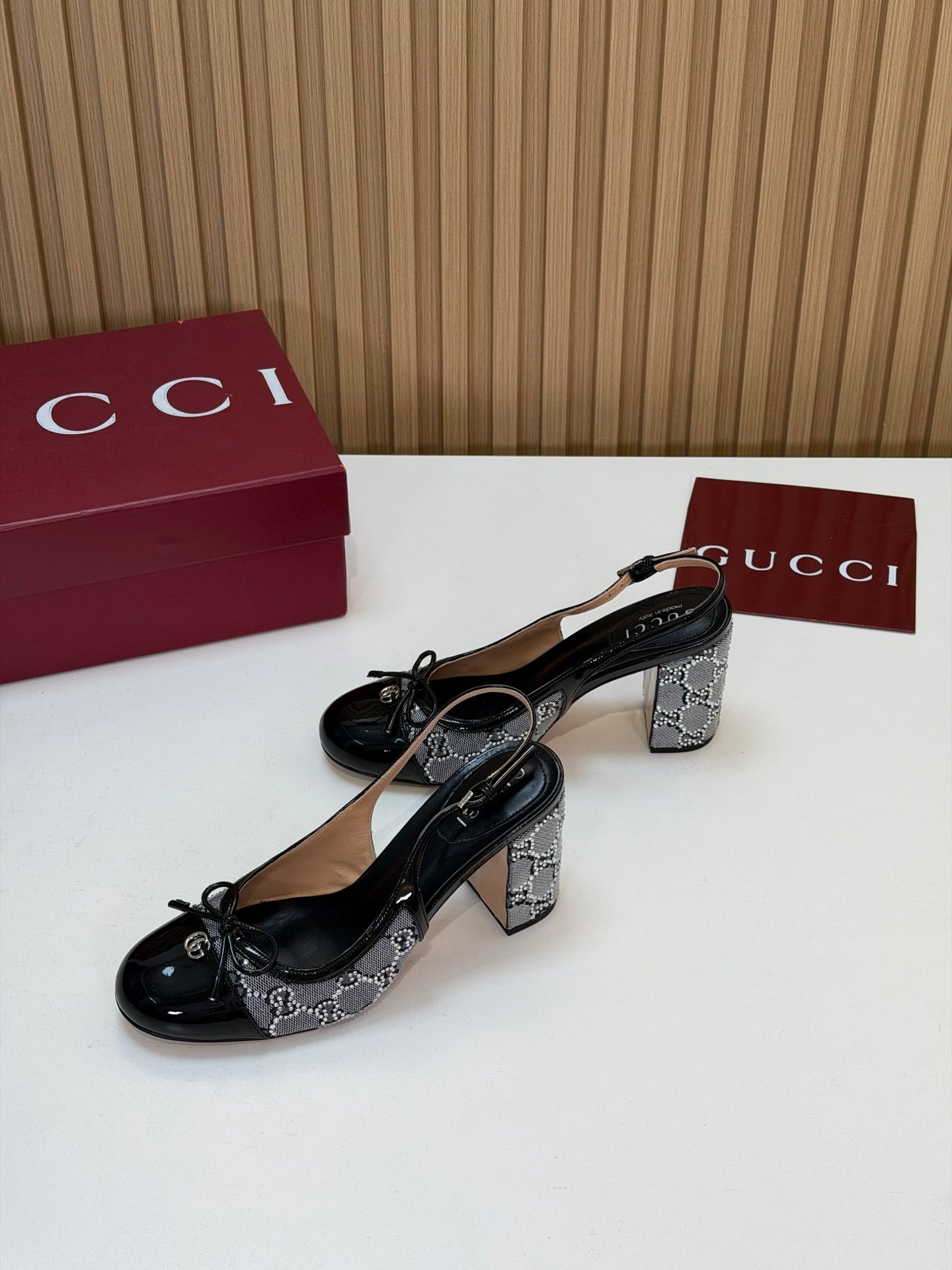 GG 26s Embellished Slingback Pumps Black Patent Leather Mesh 997167