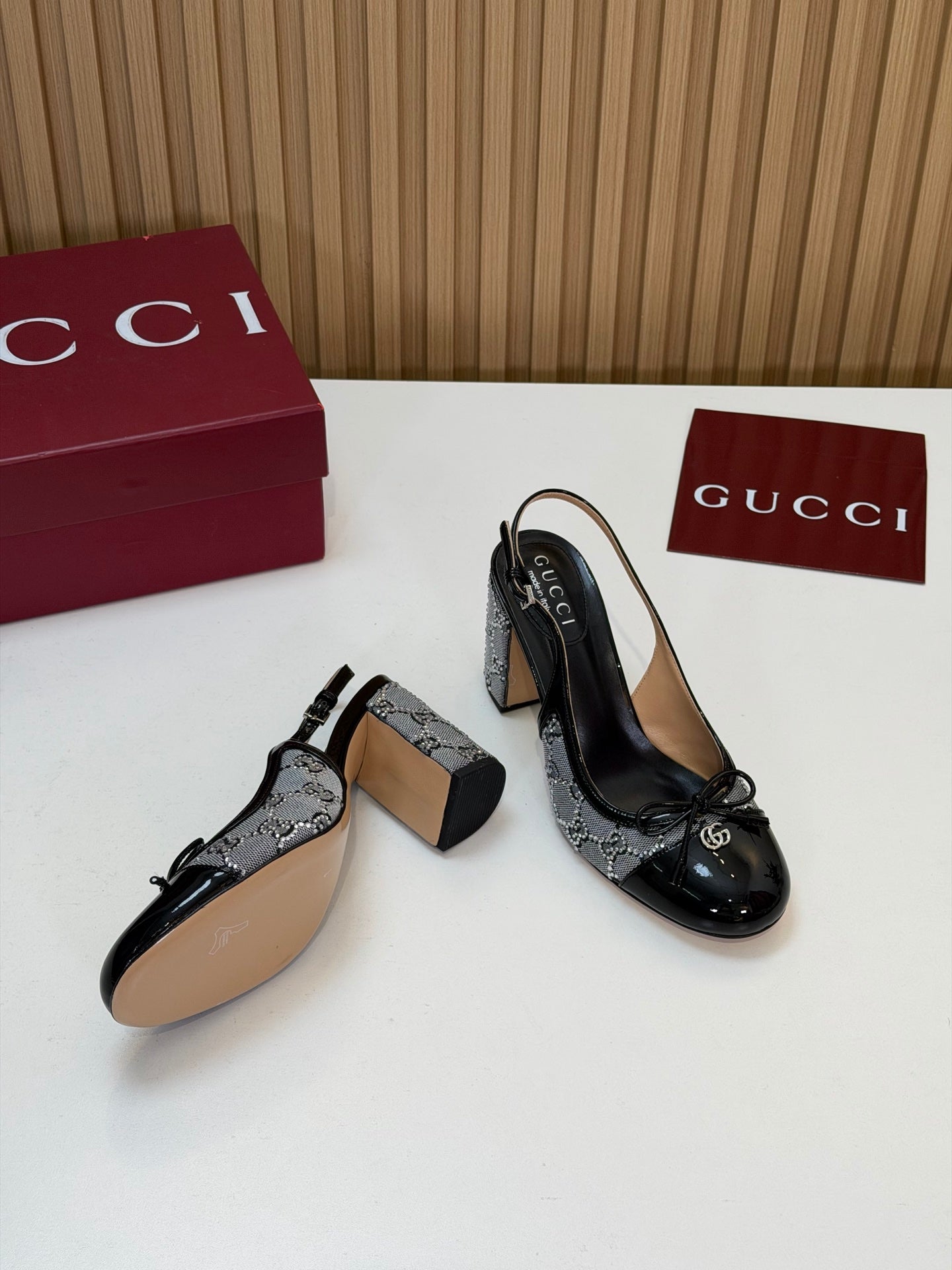 GG 26s Embellished Slingback Pumps Black Patent Leather Mesh 997167