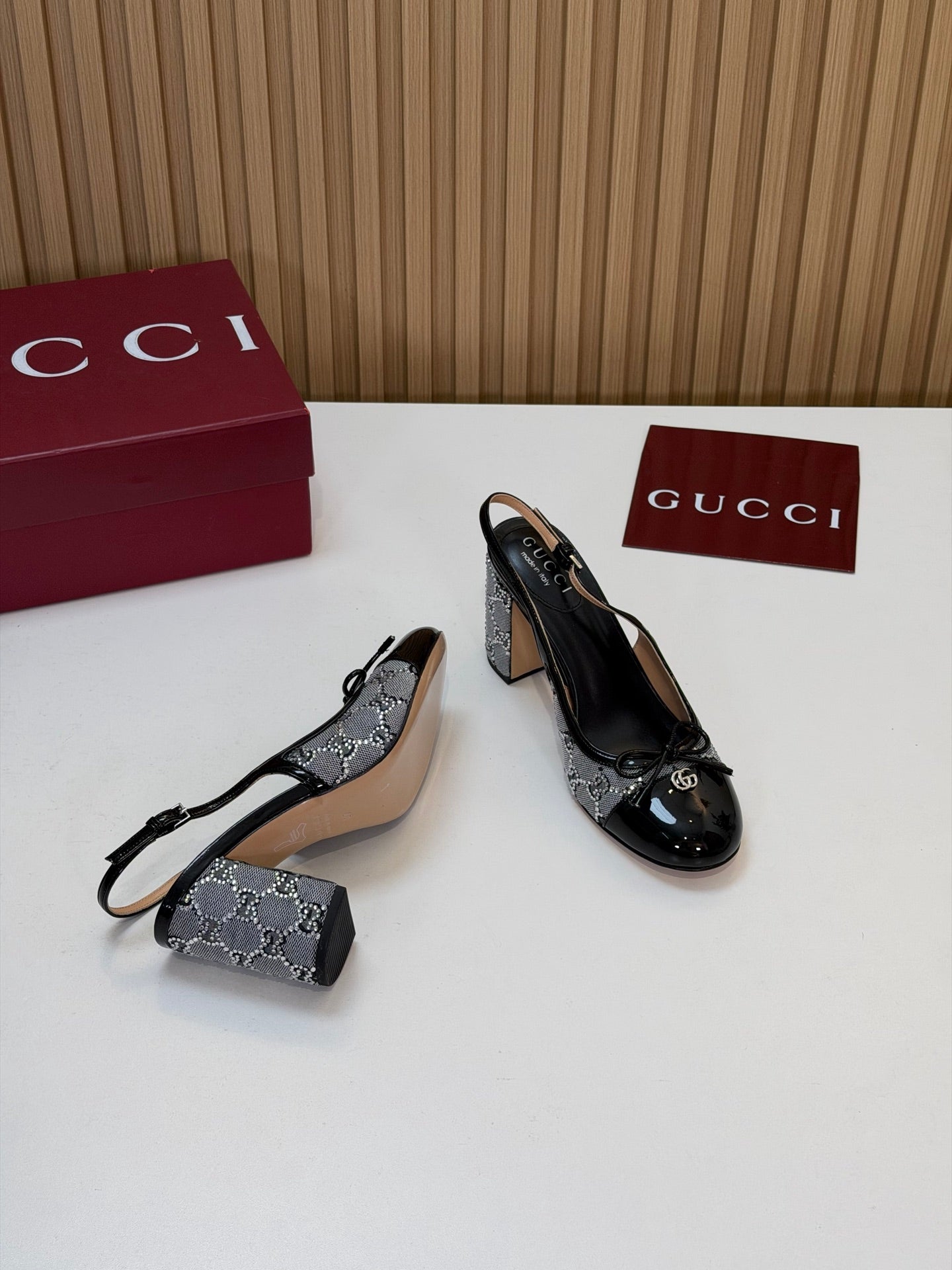 GG 26s Embellished Slingback Pumps Black Patent Leather Mesh 997167