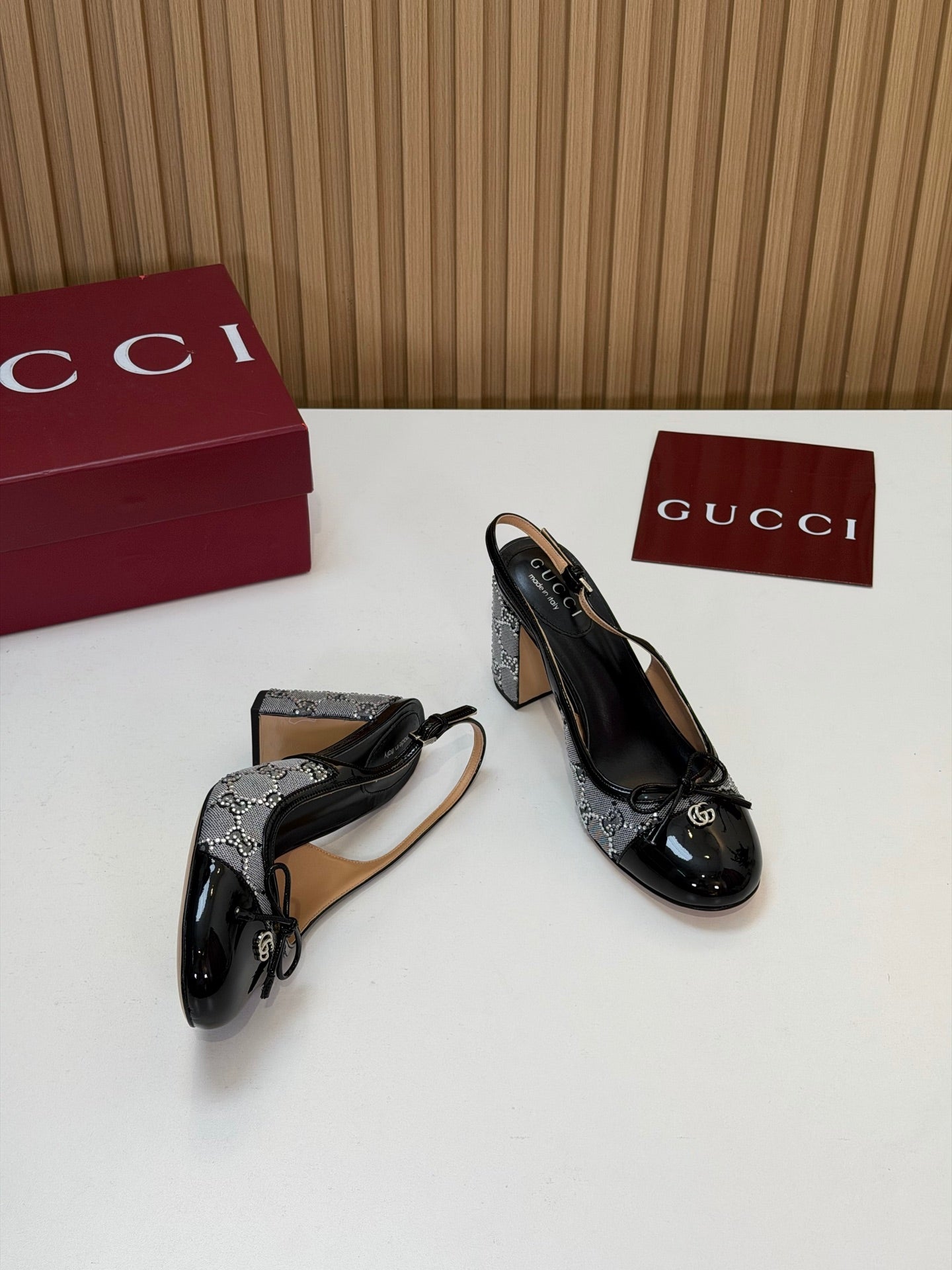 GG 26s Embellished Slingback Pumps Black Patent Leather Mesh 997167