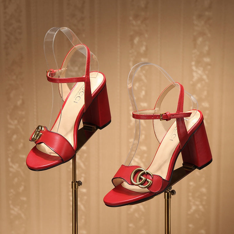 GG Marmont Ankle Strap Sandal 8cm Red Sheepskin 342565
