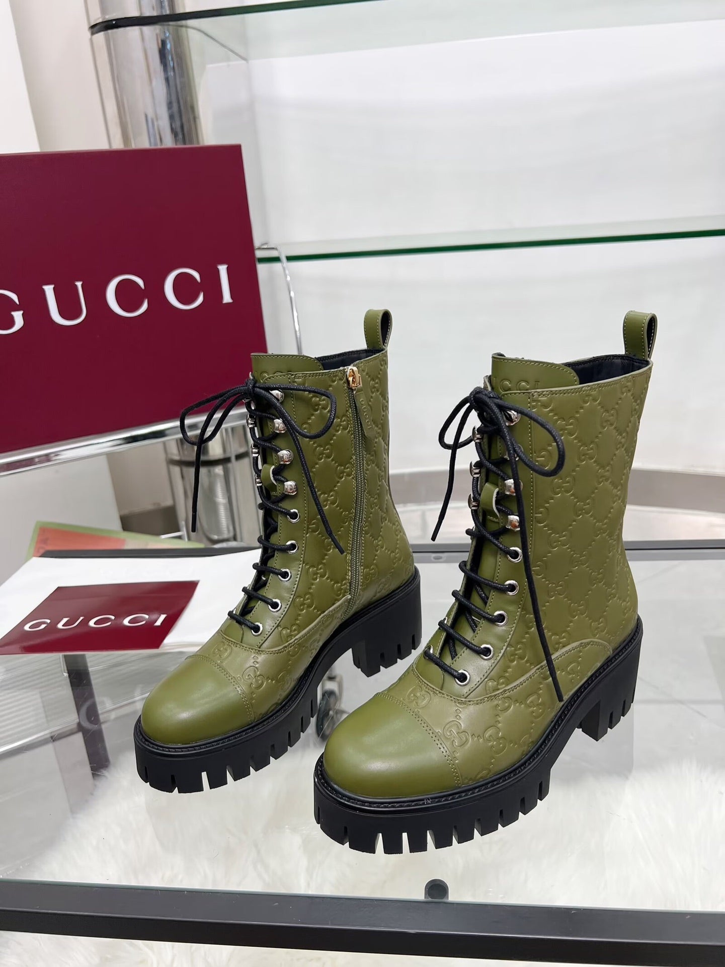 GG Platform Combat Boots Olive Green Logo Embossed Cowhide 476790