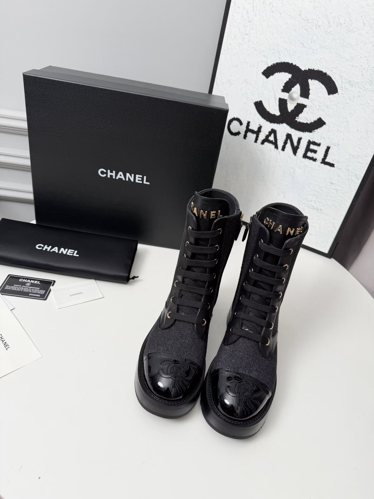 CC 26s Ankle Boot Black Blue Denim Patent Leather