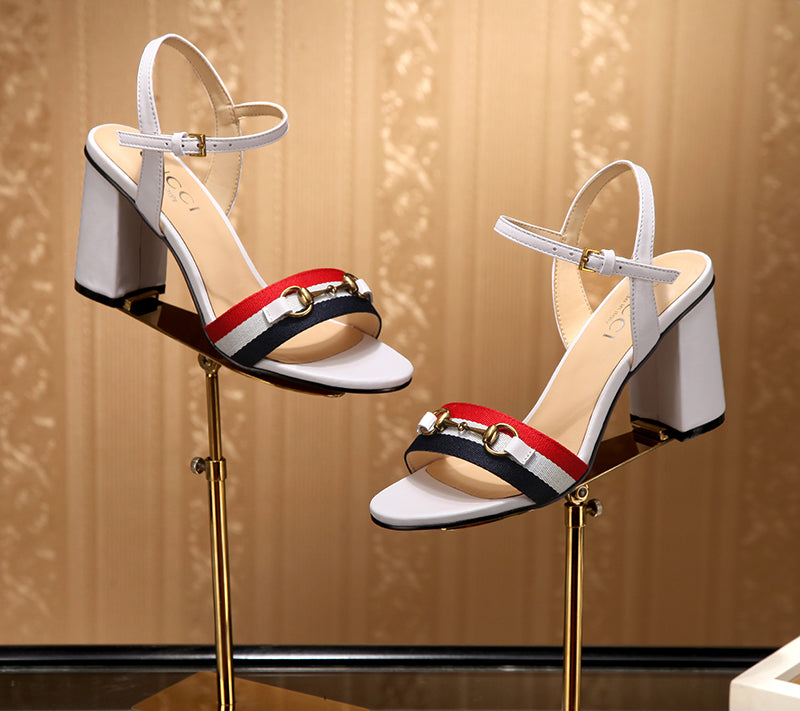 GG 26s Horsebit Sandals 8cm White Leather Canvas 926697