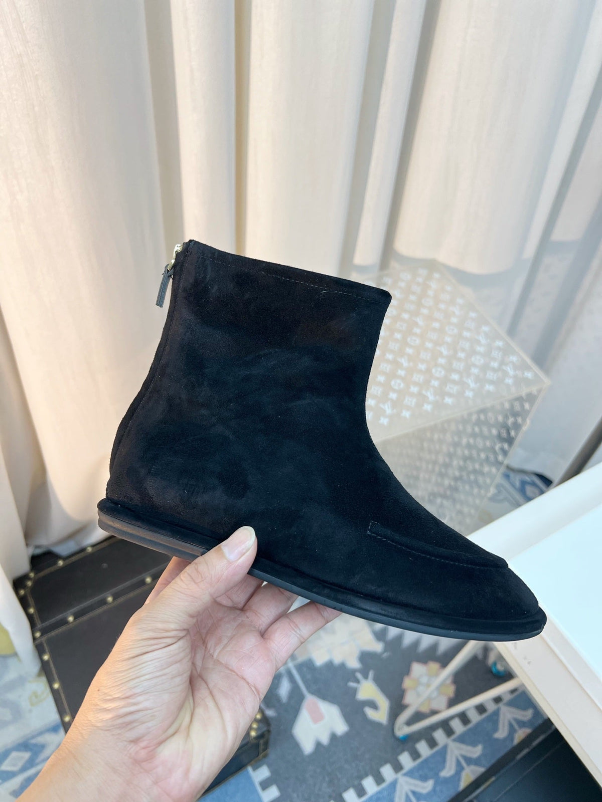 The Row 26s Zipped Boot Flat Black Suede 146489