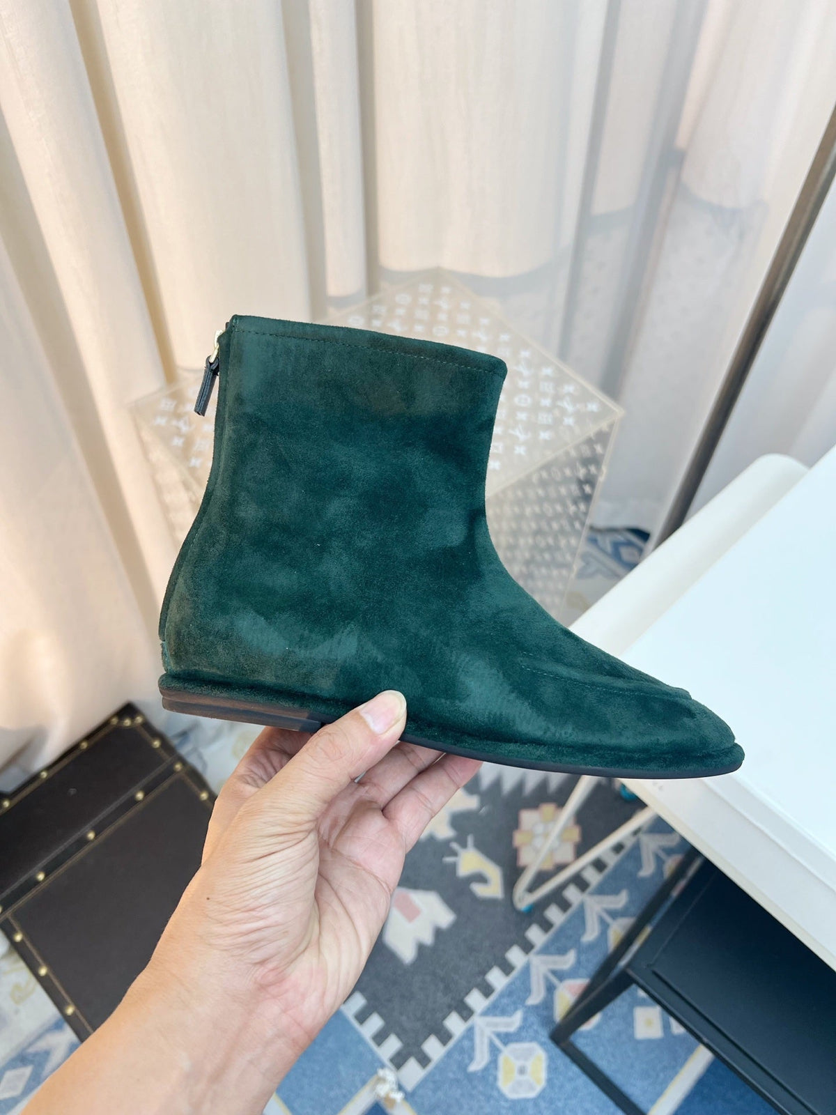 The Row 26s Zipped Boot Flat Emerald Green Suede 146490