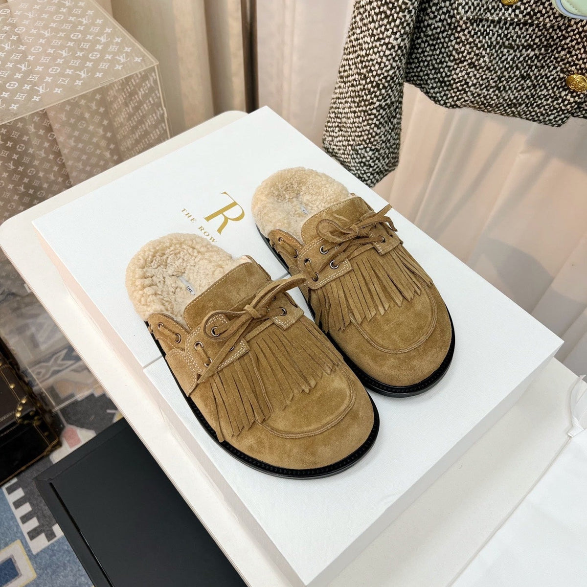 The Row 26s Tassel Mule Flat Beige Suede 146484