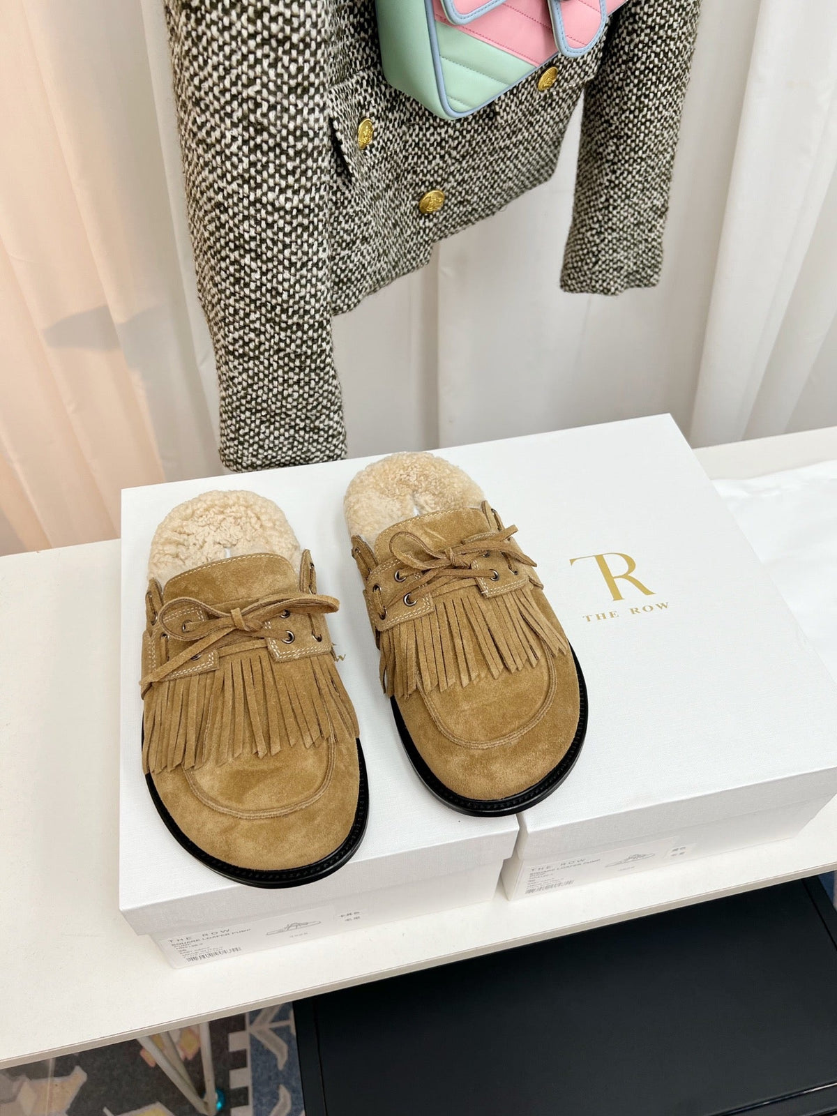 The Row 26s Tassel Mule Flat Beige Suede 146484