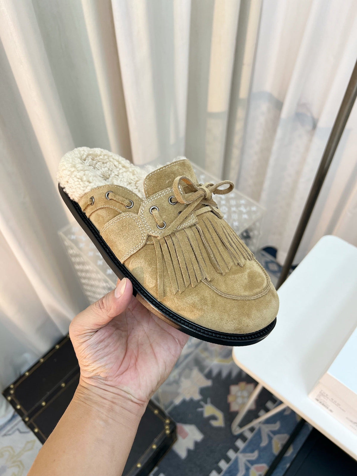 The Row 26s Tassel Mule Flat Beige Suede 146484