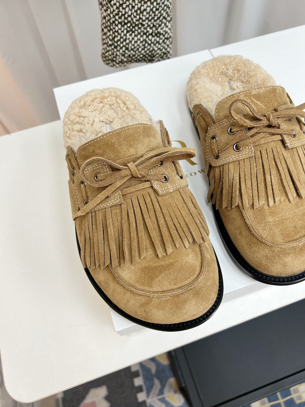The Row 26s Tassel Mule Flat Beige Suede 146484