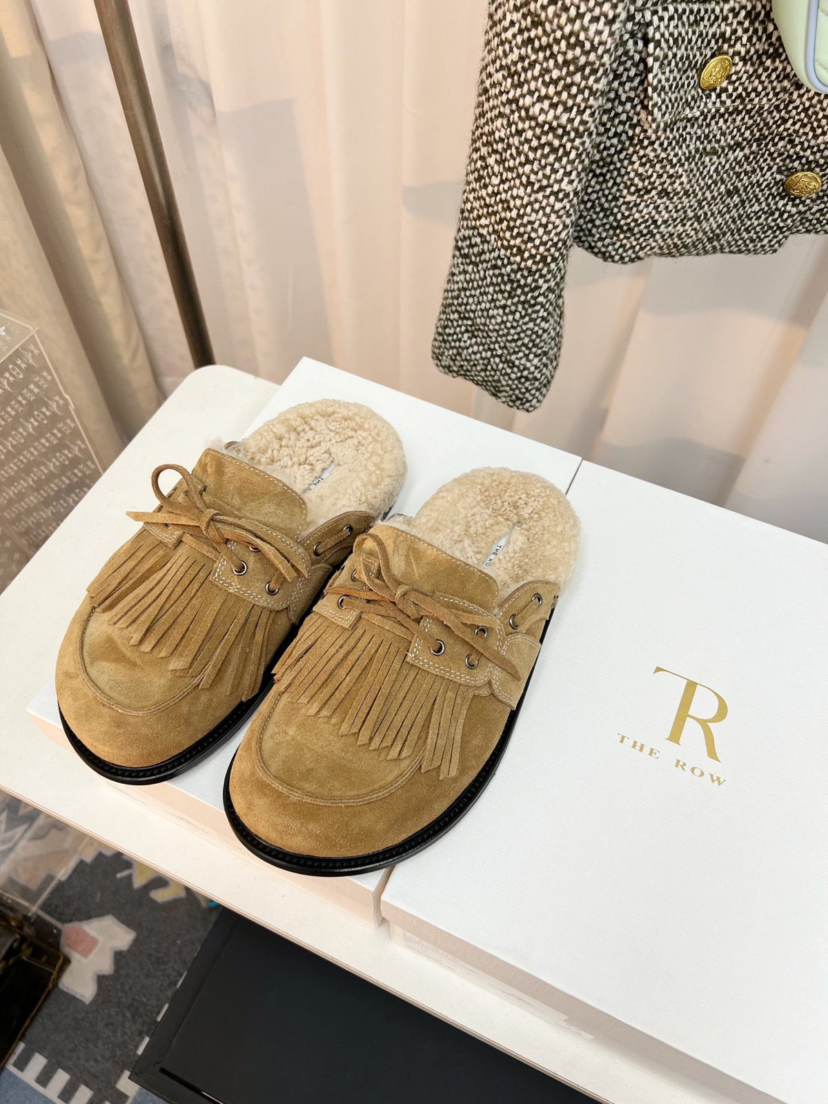The Row 26s Tassel Mule Flat Beige Suede 146484
