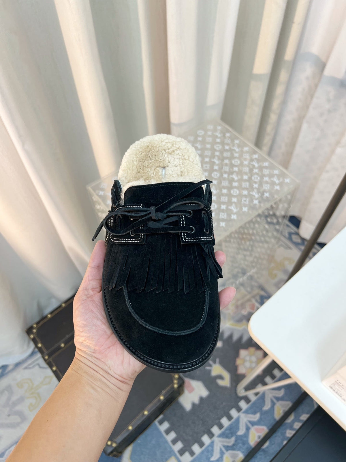 The Row 26s Tassel Mule Flat Black Suede 146486