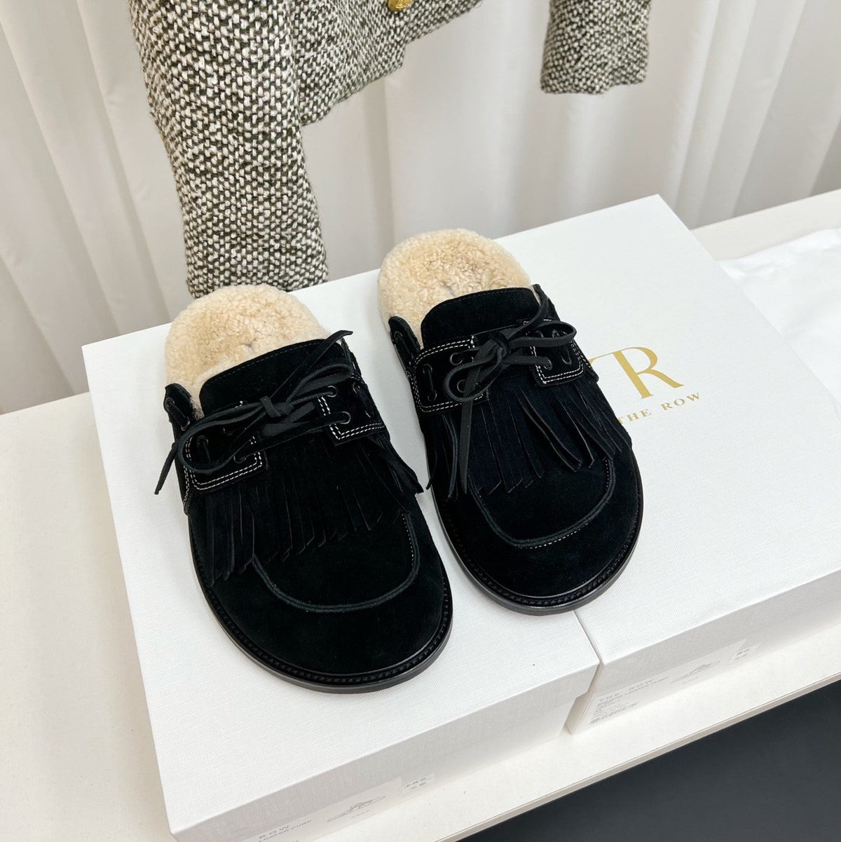 The Row 26s Tassel Mule Flat Black Suede 146486