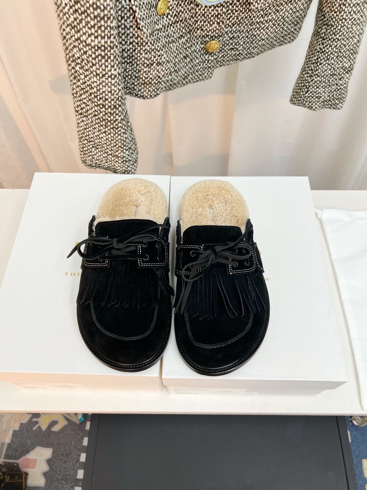 The Row 26s Tassel Mule Flat Black Suede 146486