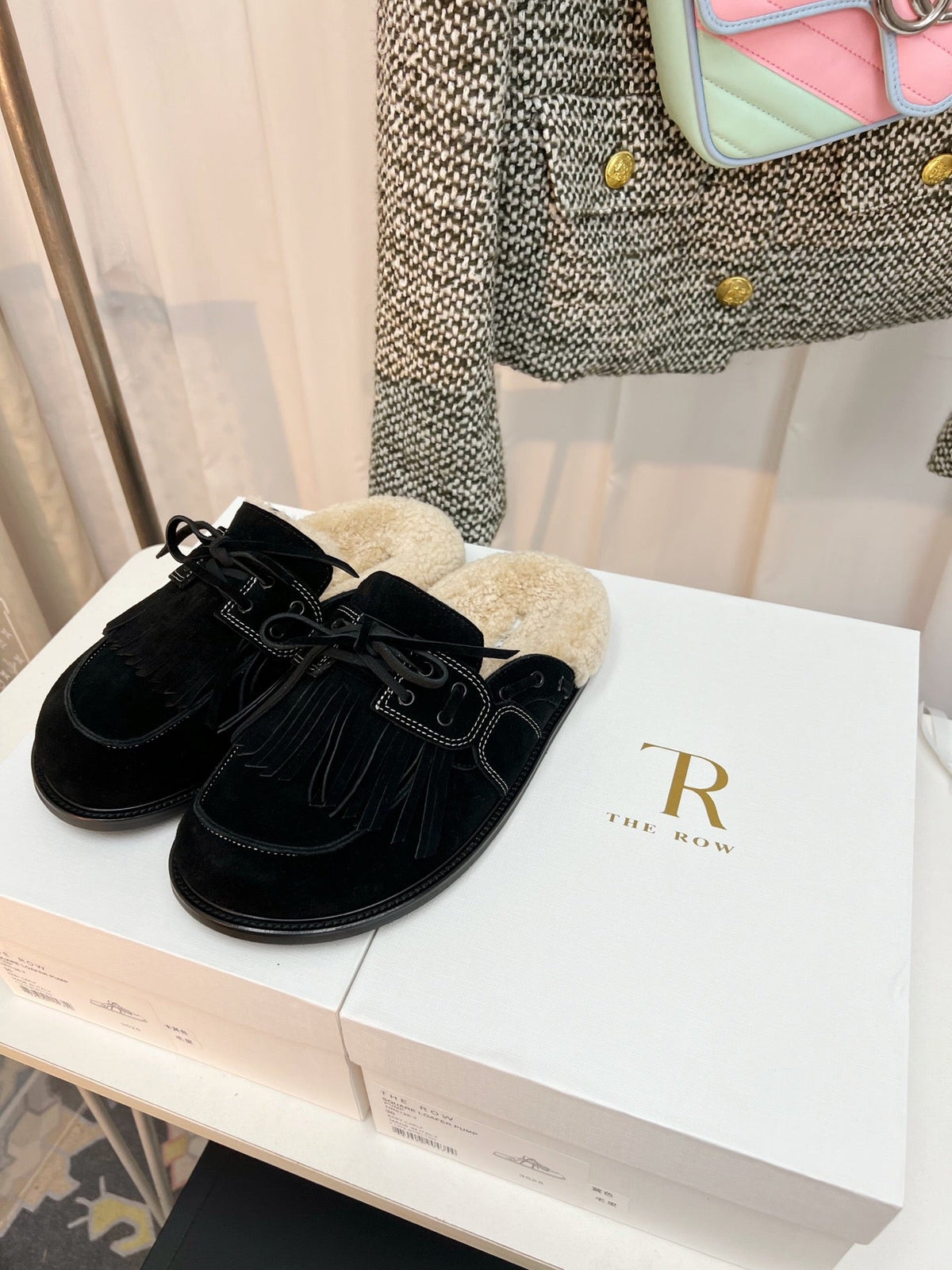 The Row 26s Tassel Mule Flat Black Suede 146486