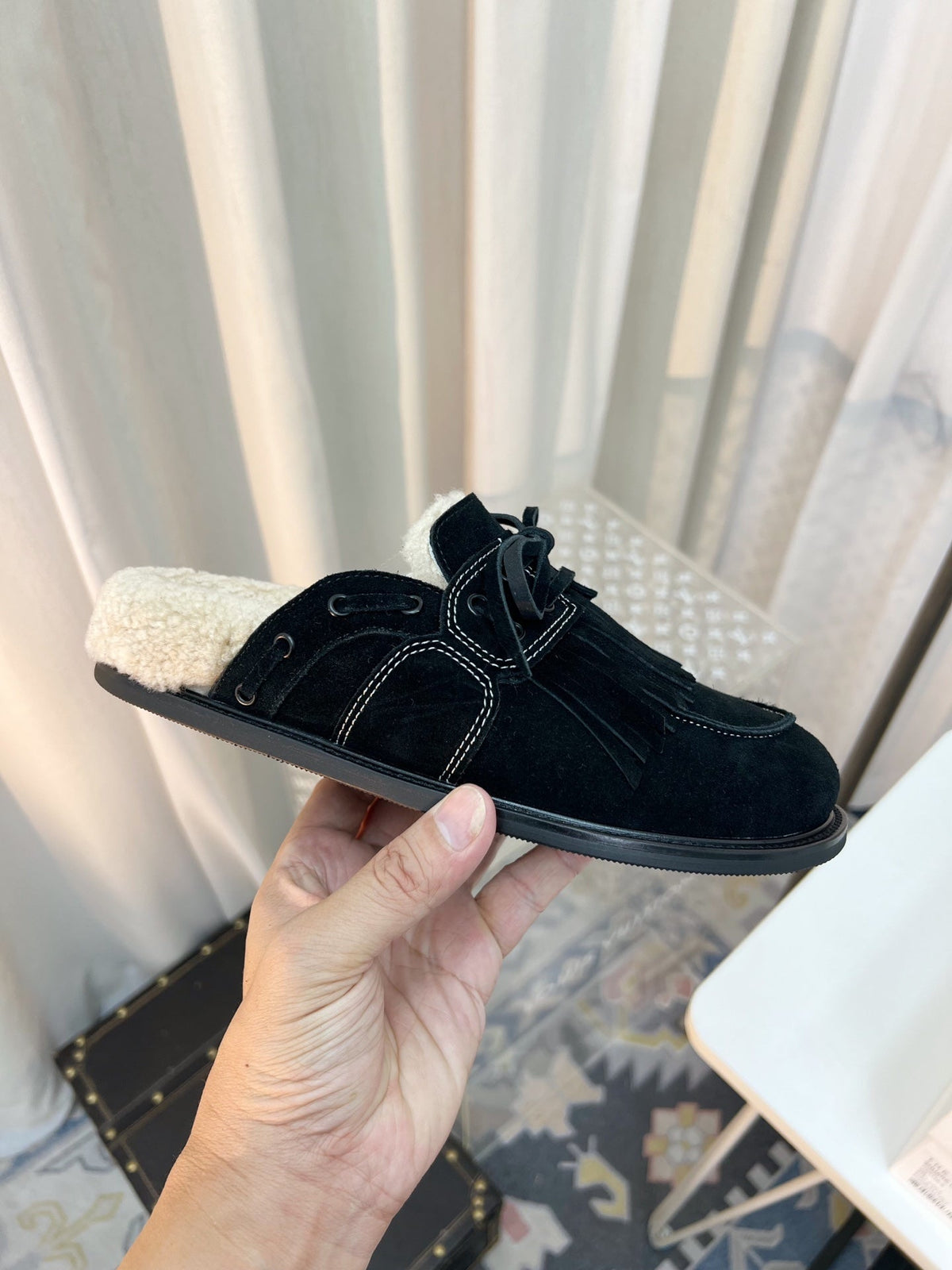 The Row 26s Tassel Mule Flat Black Suede 146486