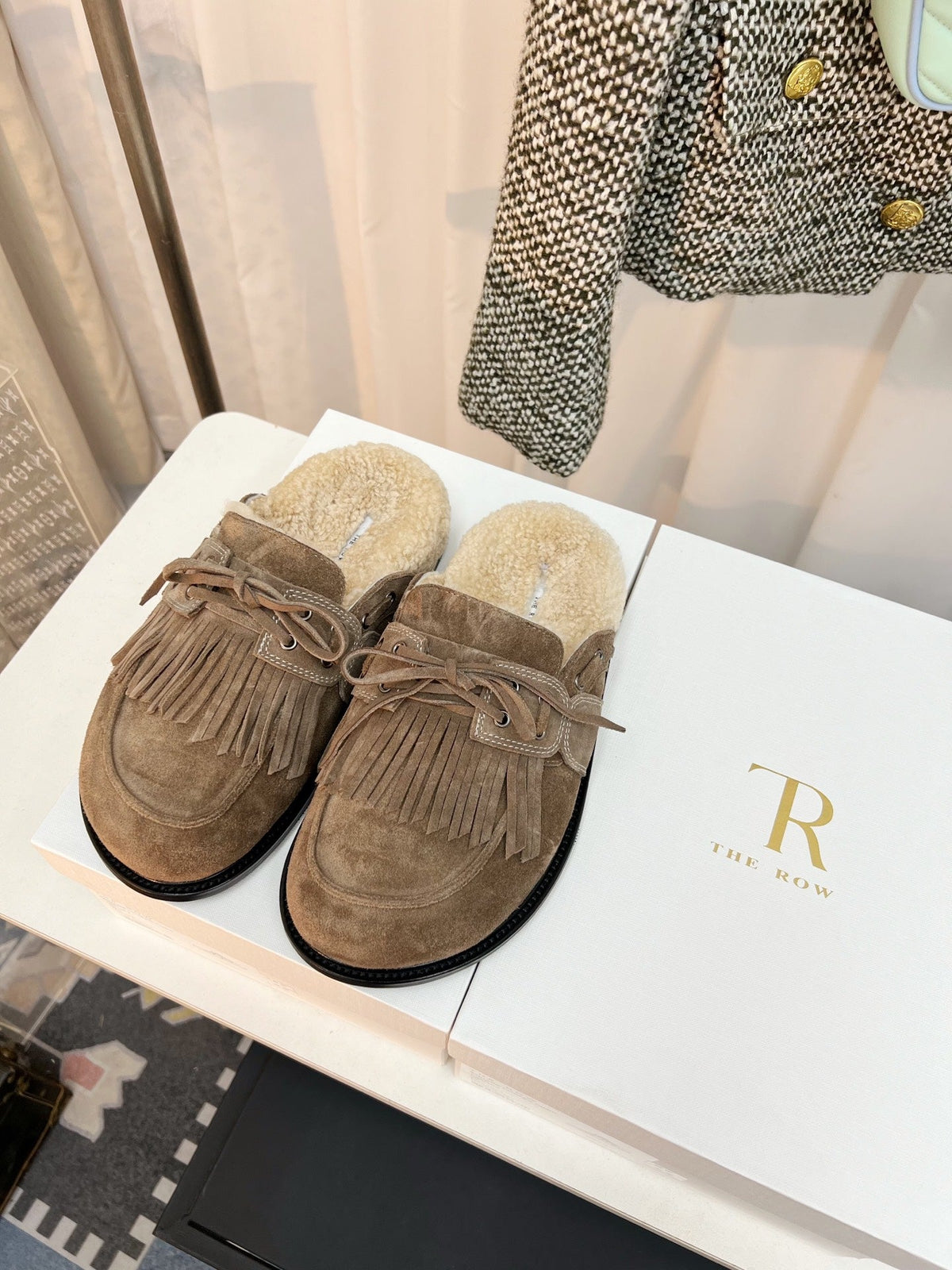 The Row 26s Tassel Mule Flat Taupe Suede 146485