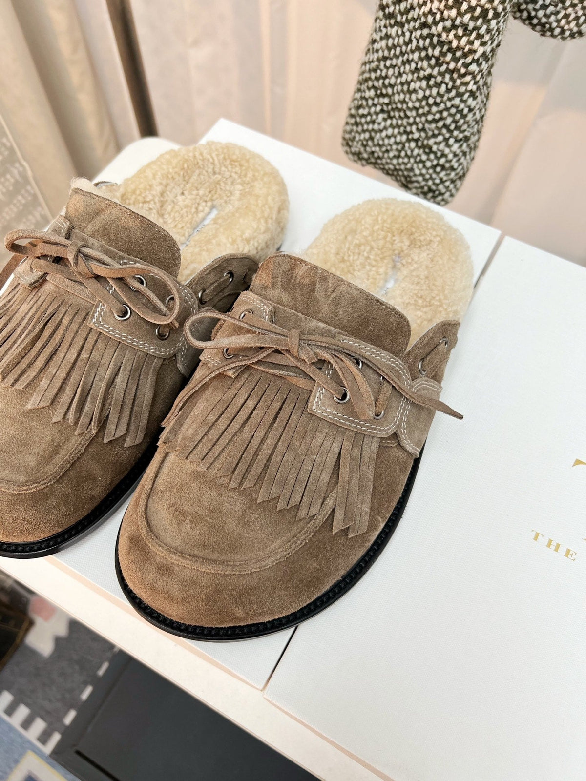 The Row 26s Tassel Mule Flat Taupe Suede 146485