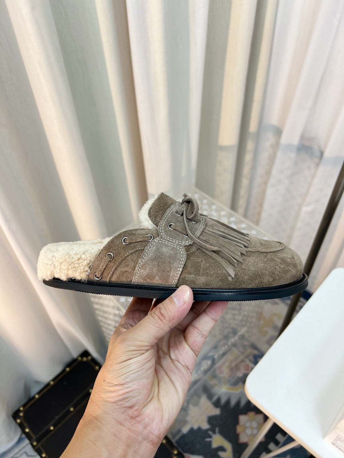 The Row 26s Tassel Mule Flat Taupe Suede 146485